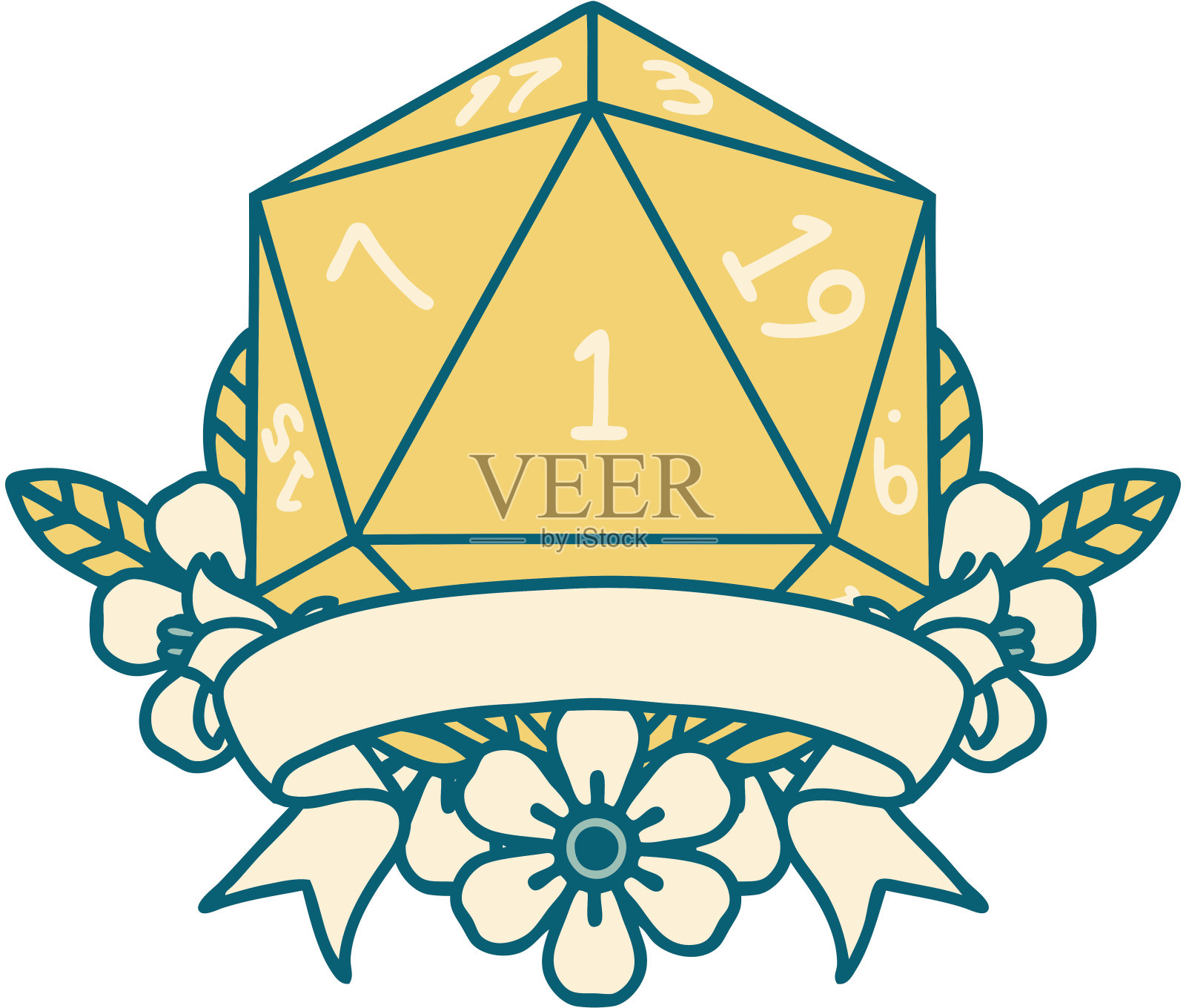 复古纹身风格自然一个d20骰子滚动插画图片素材