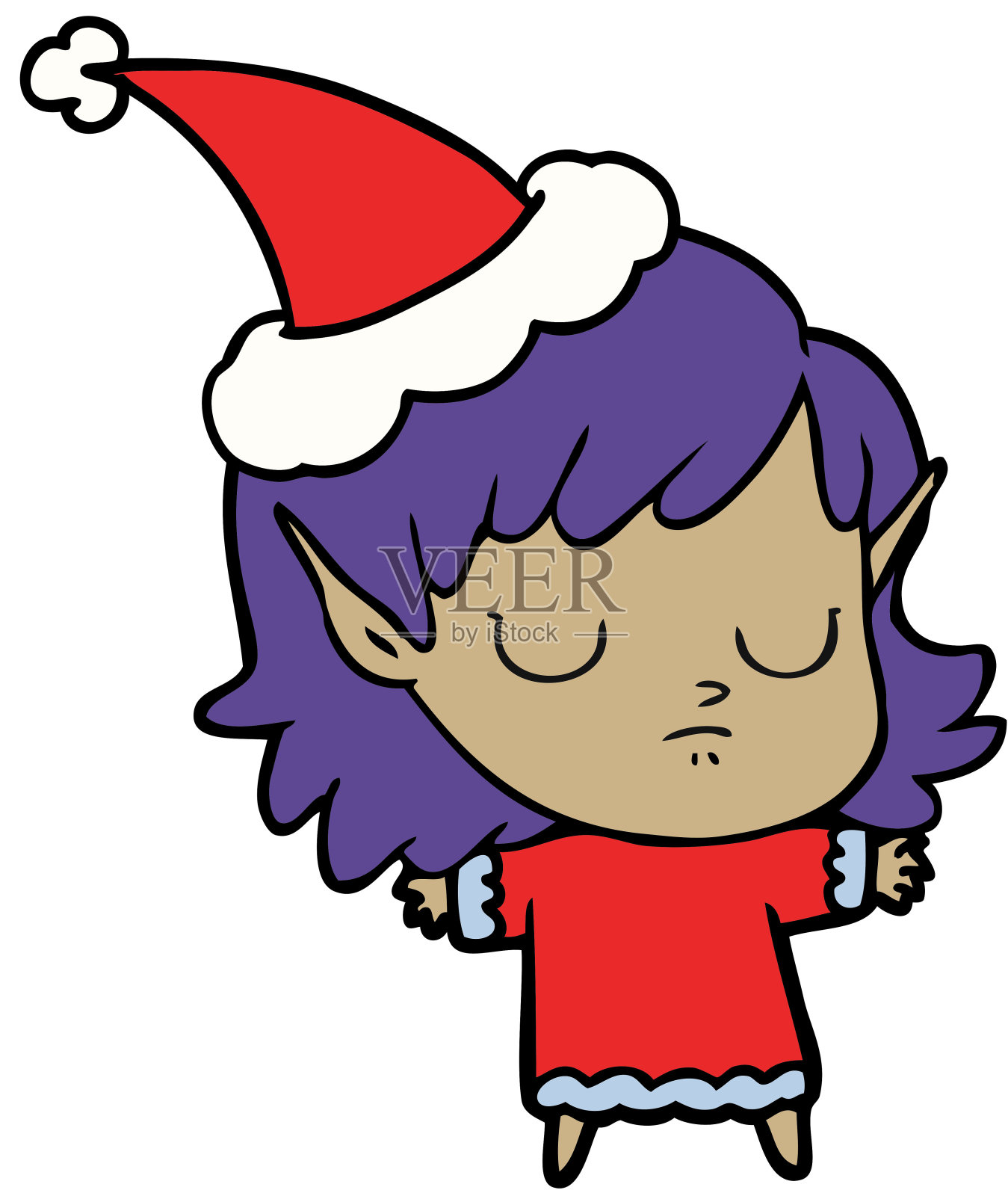 手绘线画的精灵女孩戴着圣诞老人的帽子设计元素图片