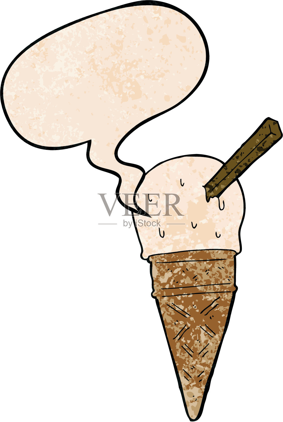 带有语音泡泡的卡通冰淇淋，复古质感插画图片素材