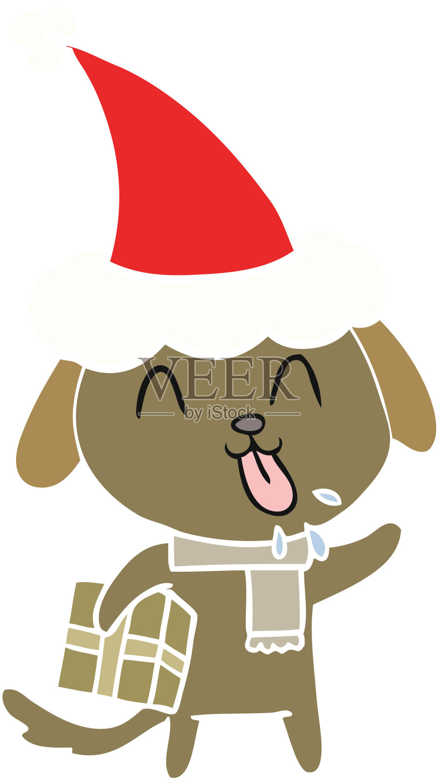 可爱的手绘平面彩色插图的狗与圣诞礼物戴着圣诞老人的帽子插画图片素材