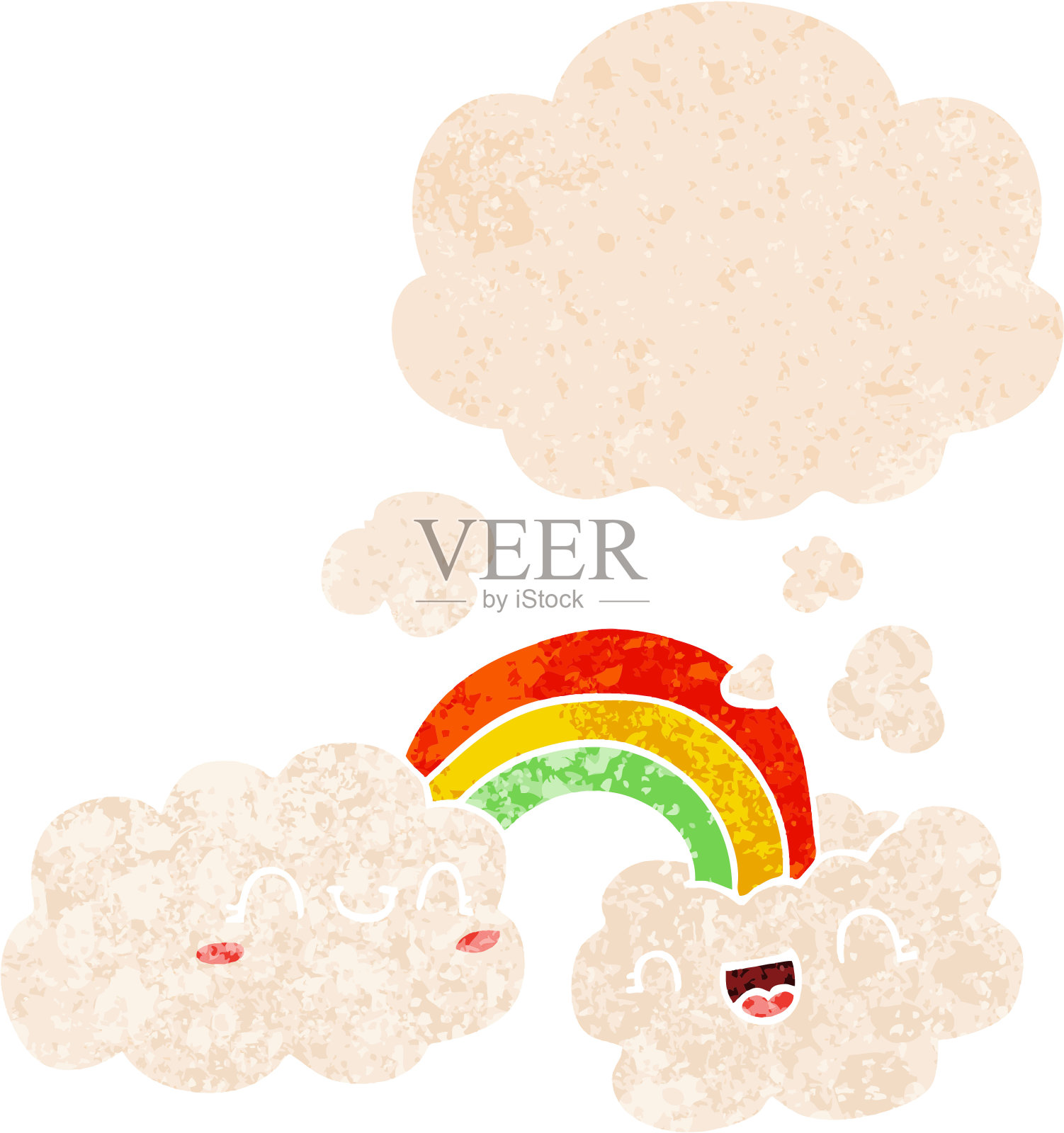 快乐的卡通云和彩虹与思想泡沫在垃圾摇滚苦恼复古纹理风格设计元素图片