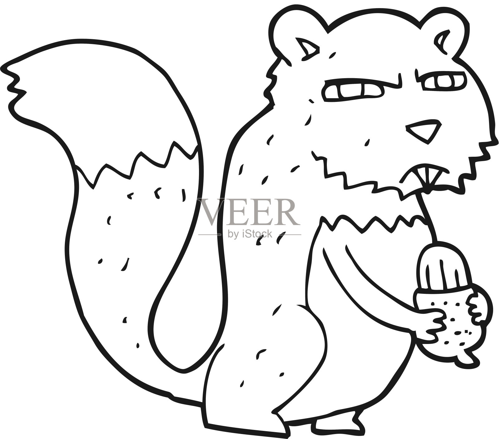 手绘黑白卡通愤怒的松鼠与坚果插画图片素材