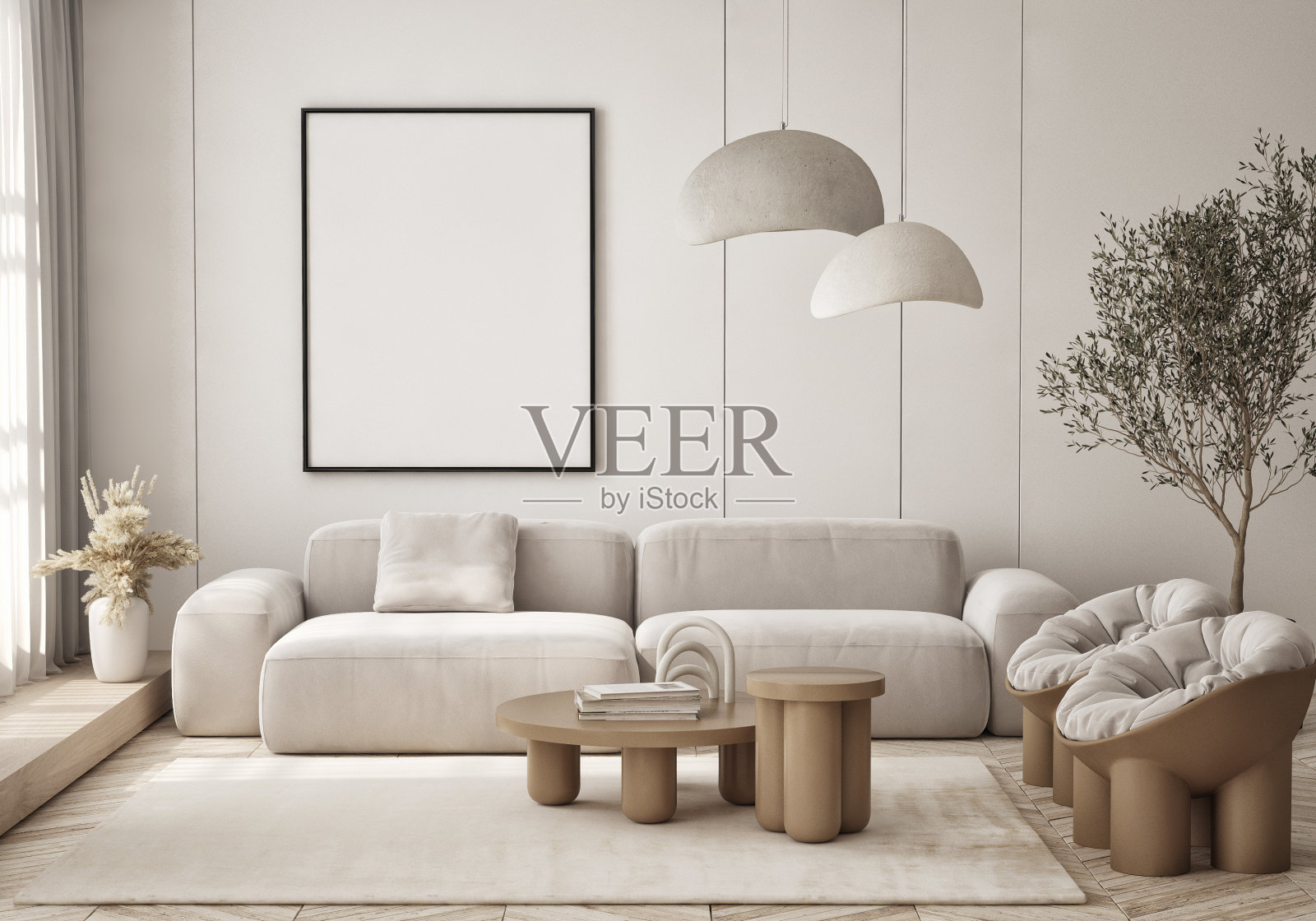 客厅墙上的海报框架模型。现代设计的豪华公寓背景。现代室内设计。3D渲染，3D插图。照片摄影图片