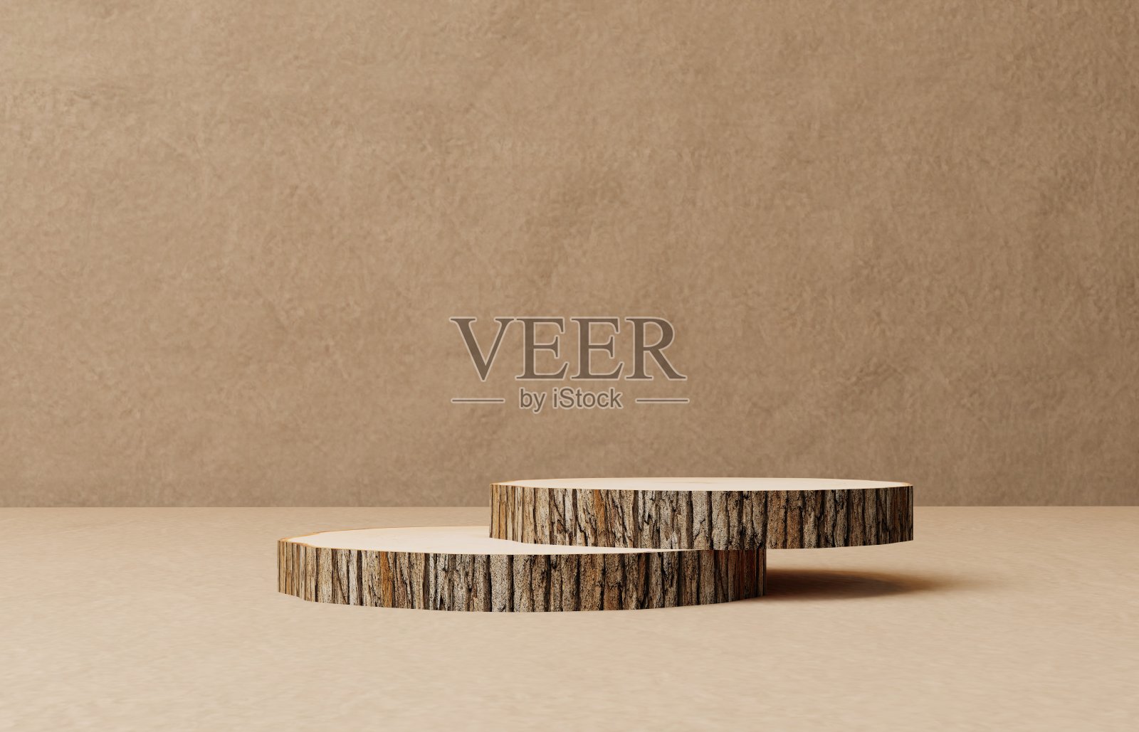 米色背景上的3d木制化妆品讲台照片摄影图片