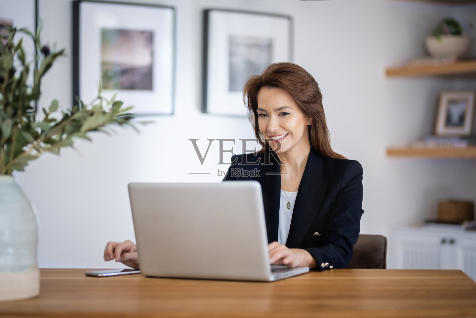 迷人的中年女商人坐在家里，使用笔记本电脑工作照片摄影图片