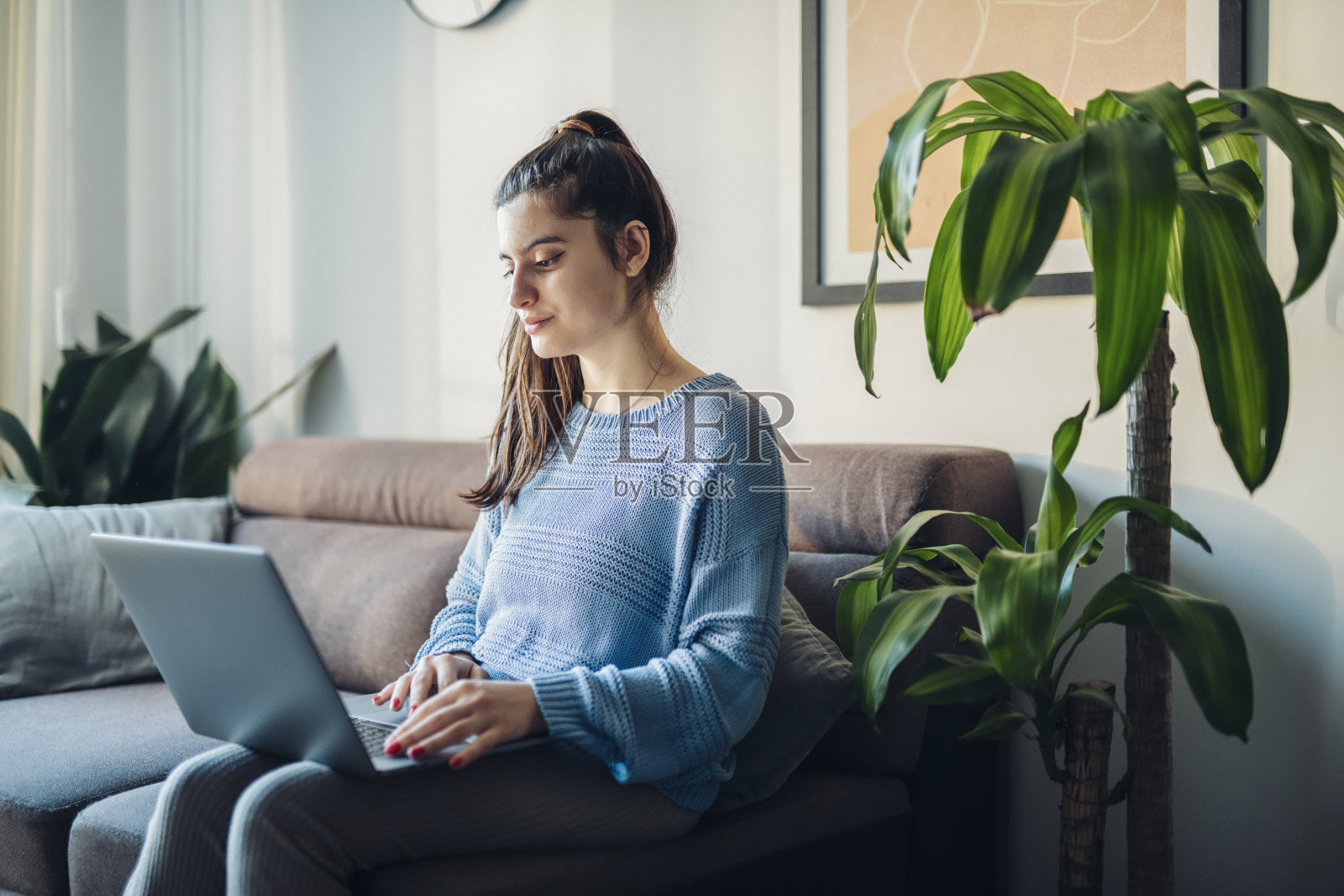 女人在家里用笔记本电脑。照片摄影图片