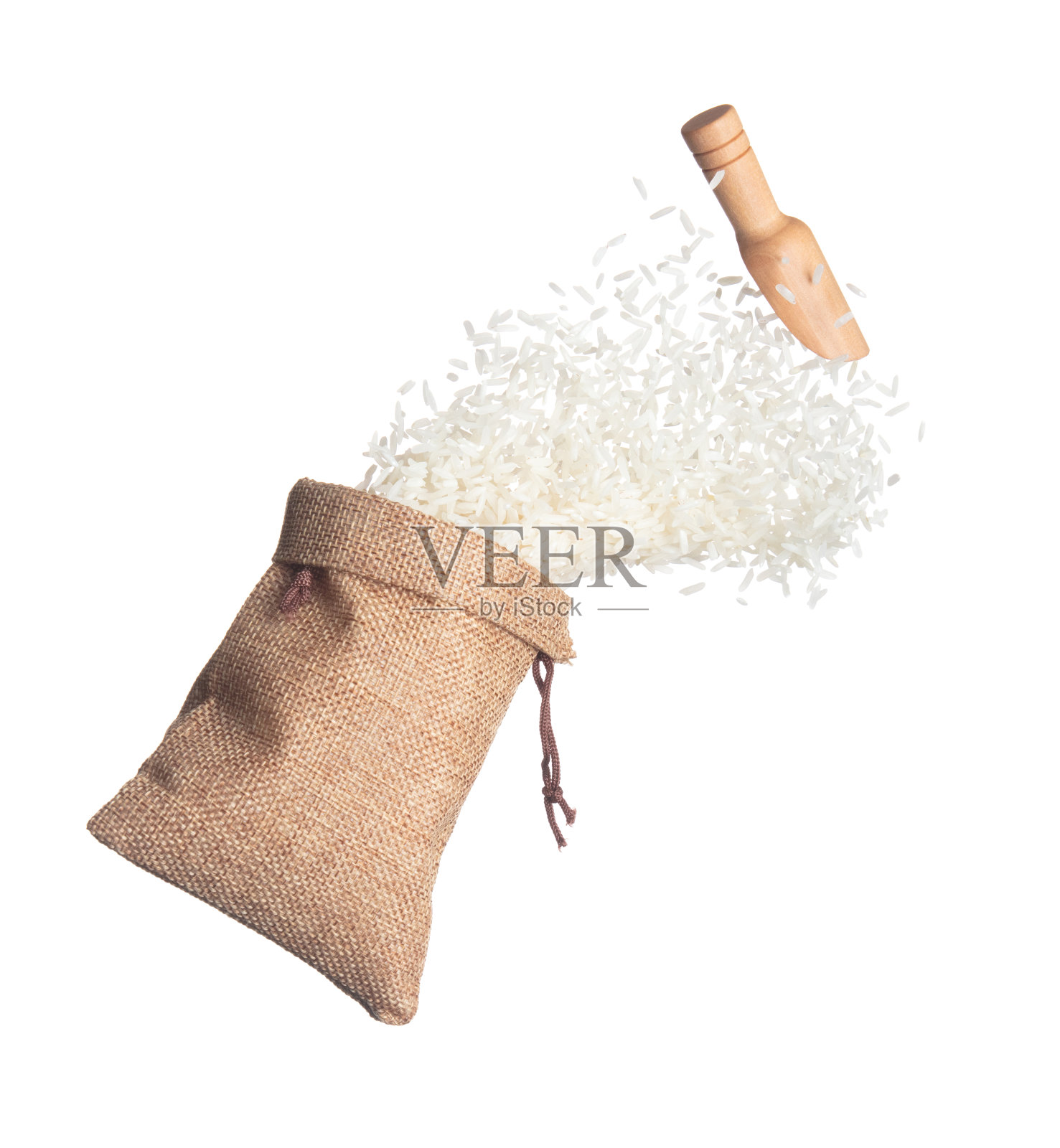 日本稻谷在麻袋里炸飞，白色的稻谷落抽象飞。美丽完整的稻种袋在空中飞溅，食物对象设计。白色背景隔离，高速冻结运动照片摄影图片