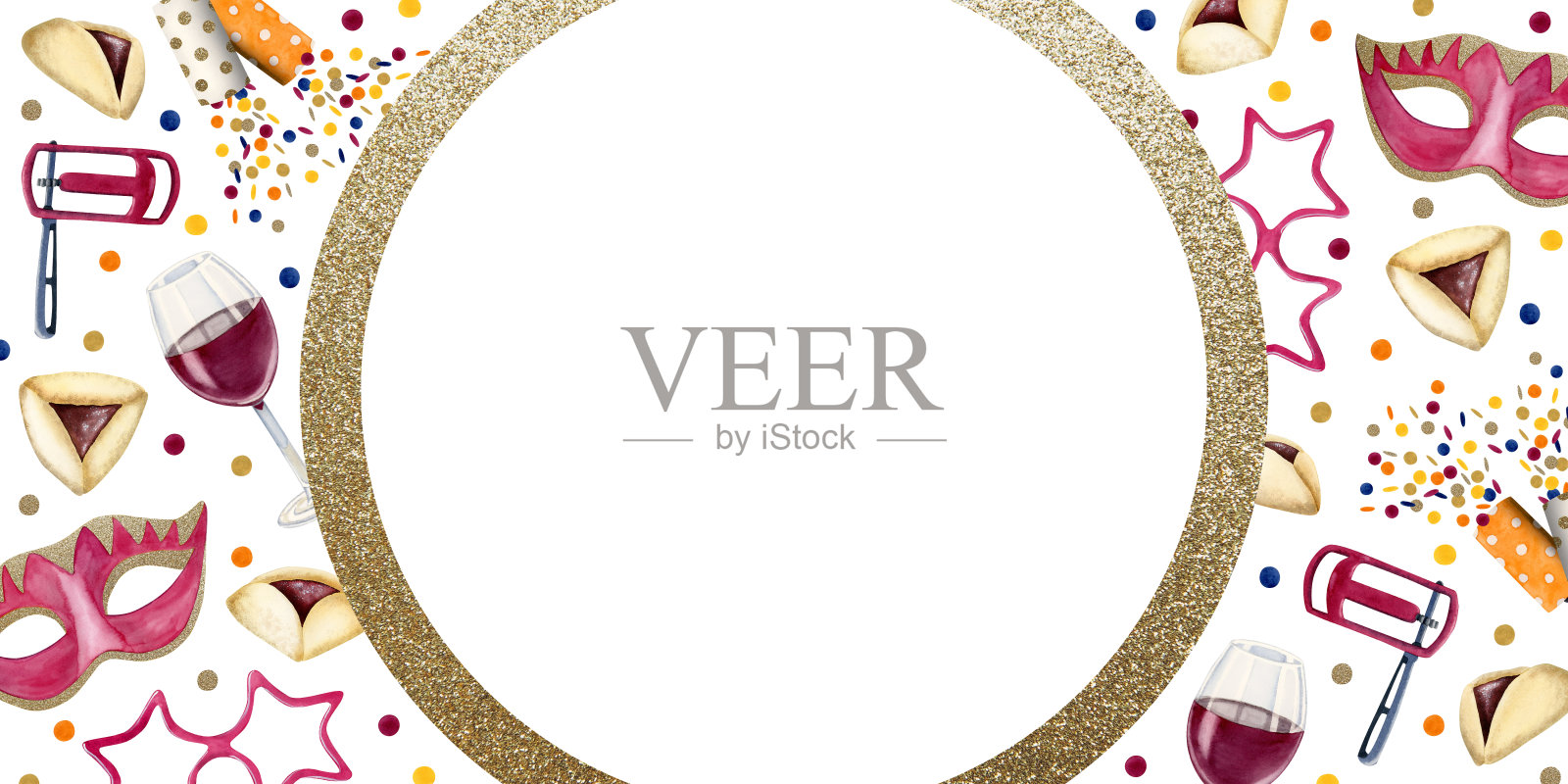 水彩横横幅模板普珥节与圆形金框架，纸屑，面具，酒杯，拉善，饼干插画图片素材