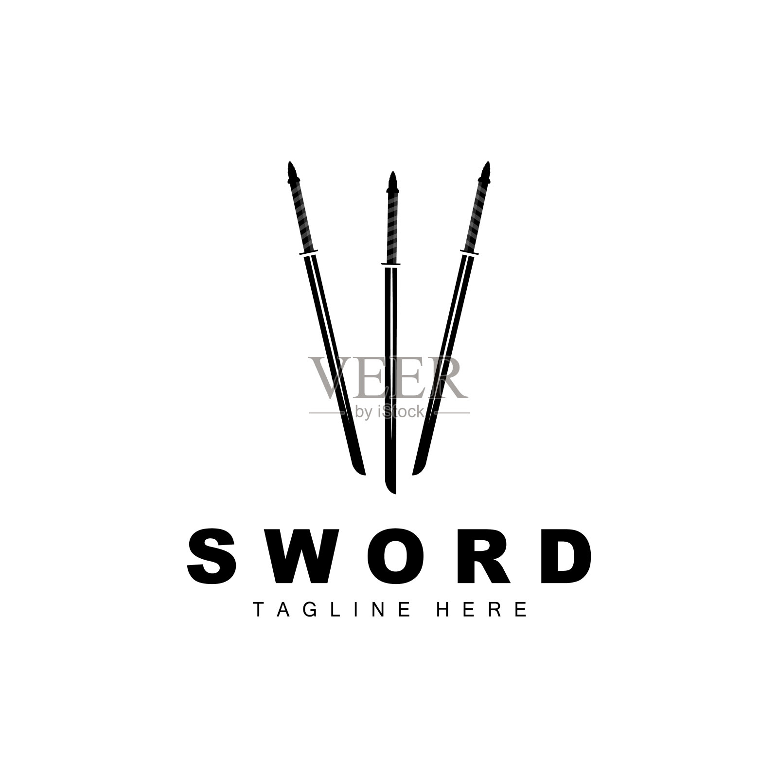 剑标志，武士武士刀单色设计，矢量战争武器切割工具模板图标插画图片素材