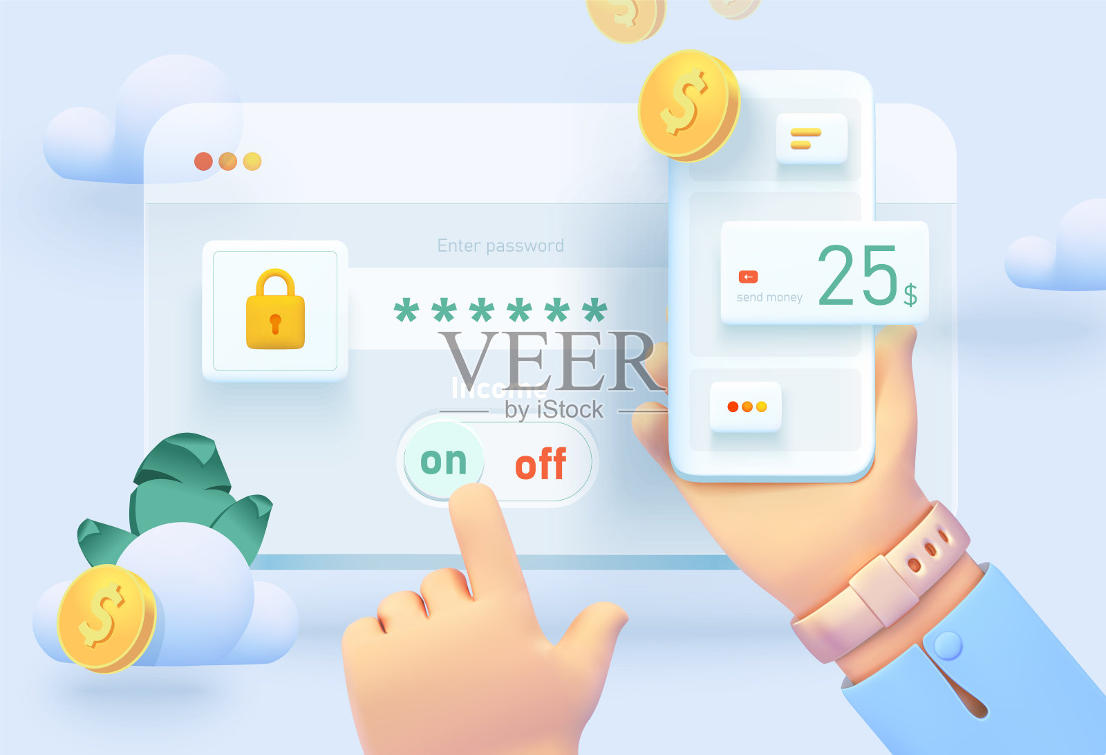 转账保护系统。在线支付。从移动设备转账。移动设备具有转账支付系统接口。三维风格的矢量插图插画图片素材