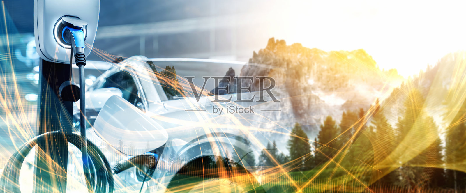 电动汽车充电站以绿色能源和可持续能源生产的生态电力为概念，供应给充电站，以减少二氧化碳排放。照片摄影图片