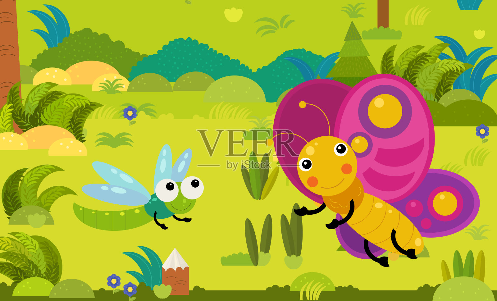 卡通场景与不同的欧洲动物在森林插图插画图片素材