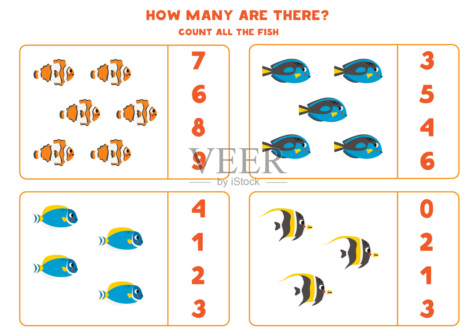 计数游戏与可爱的海鱼。教育工作表。插画图片素材