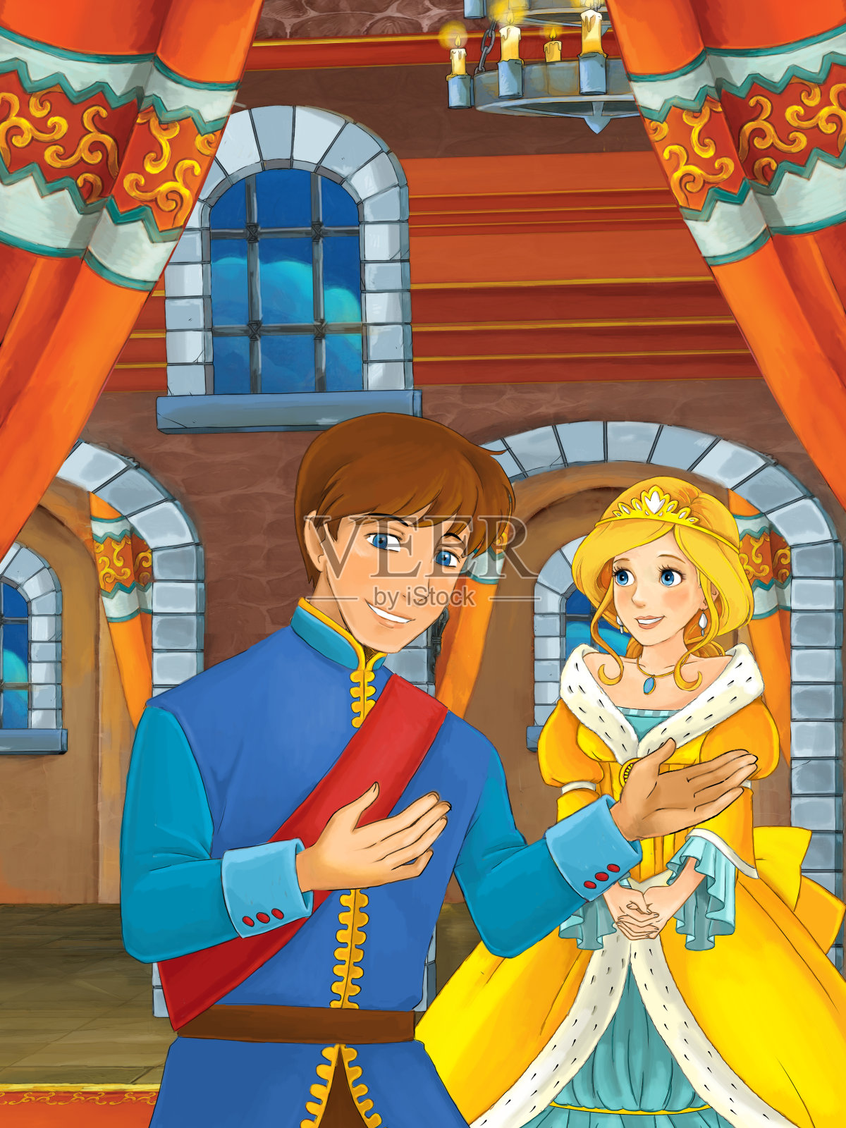 卡通场景与王子和公主婚礼在城堡房间插图插画图片素材