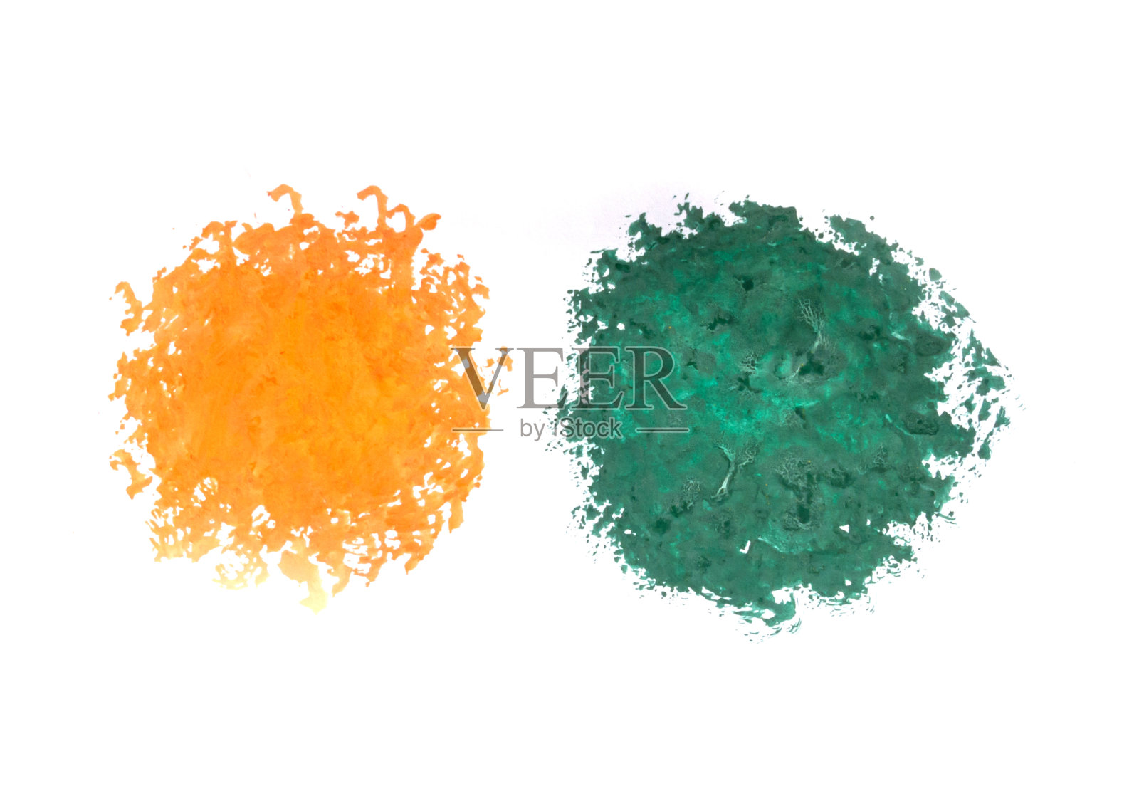 一套创意水彩艺术背景。图案绿色和橙色圆形飞溅背景。白纸，下面有复印区。照片摄影图片