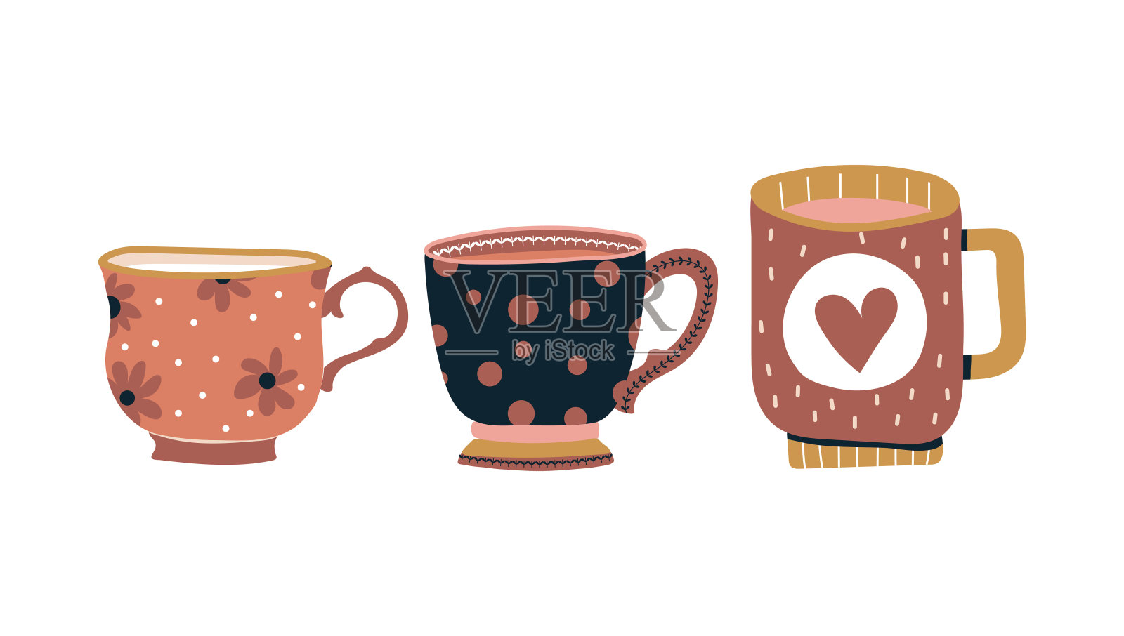 杯饰设计元素汇集不同现代矢量平面插画。一套彩色的杯子填充饮料隔离。可爱的时髦陶器，有柄的饮料。矢量插图。插画图片素材