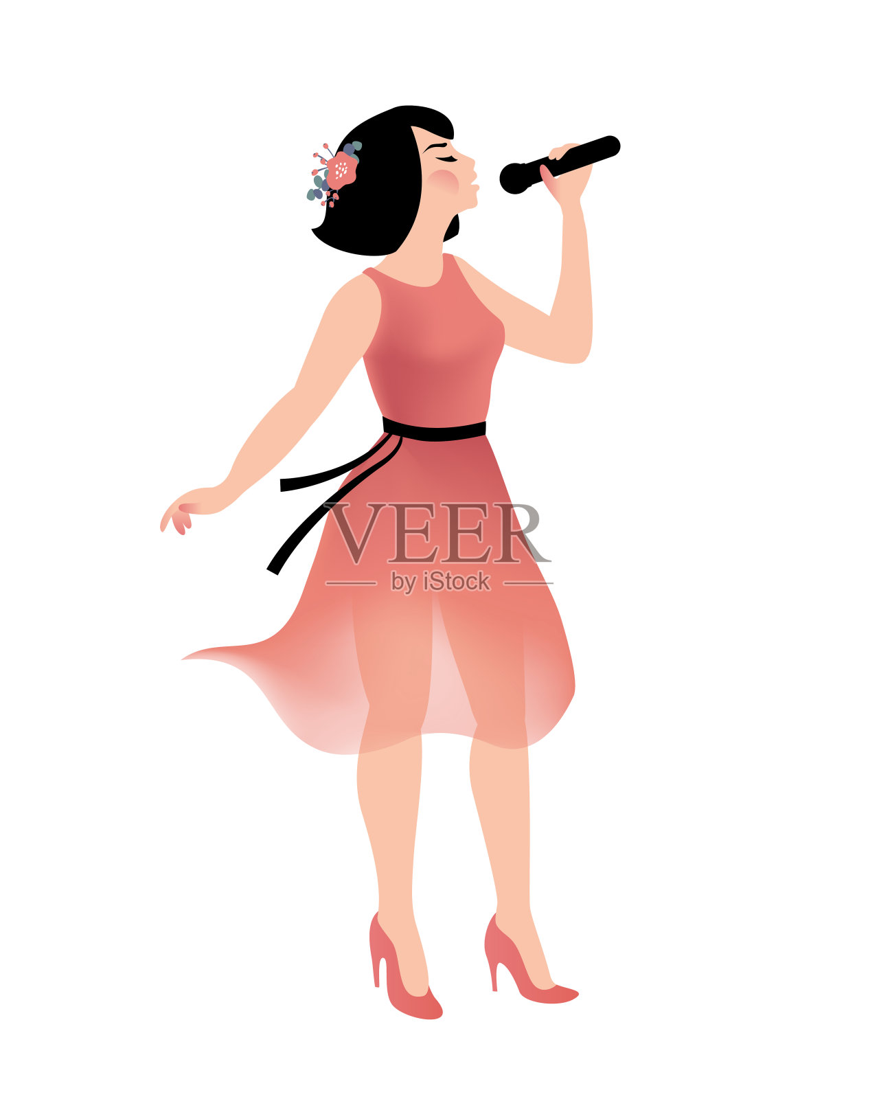 穿着粉红色裙子的唱歌女孩。矢量图插画图片素材