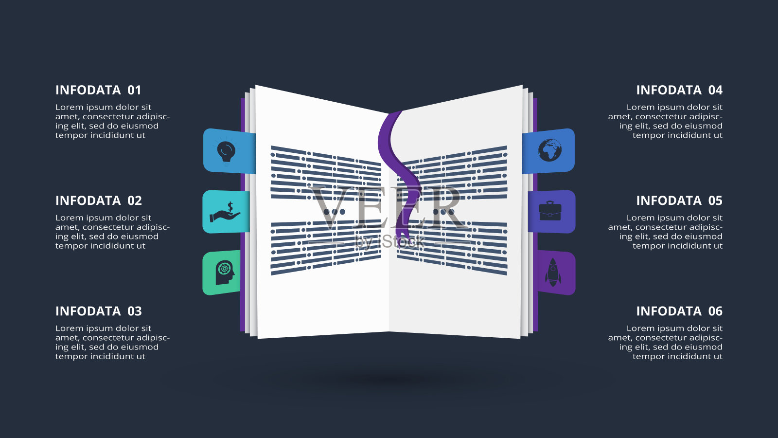 创造性的黑色信息图与6个元素模板的网络在黑色背景，业务，演示。插画图片素材