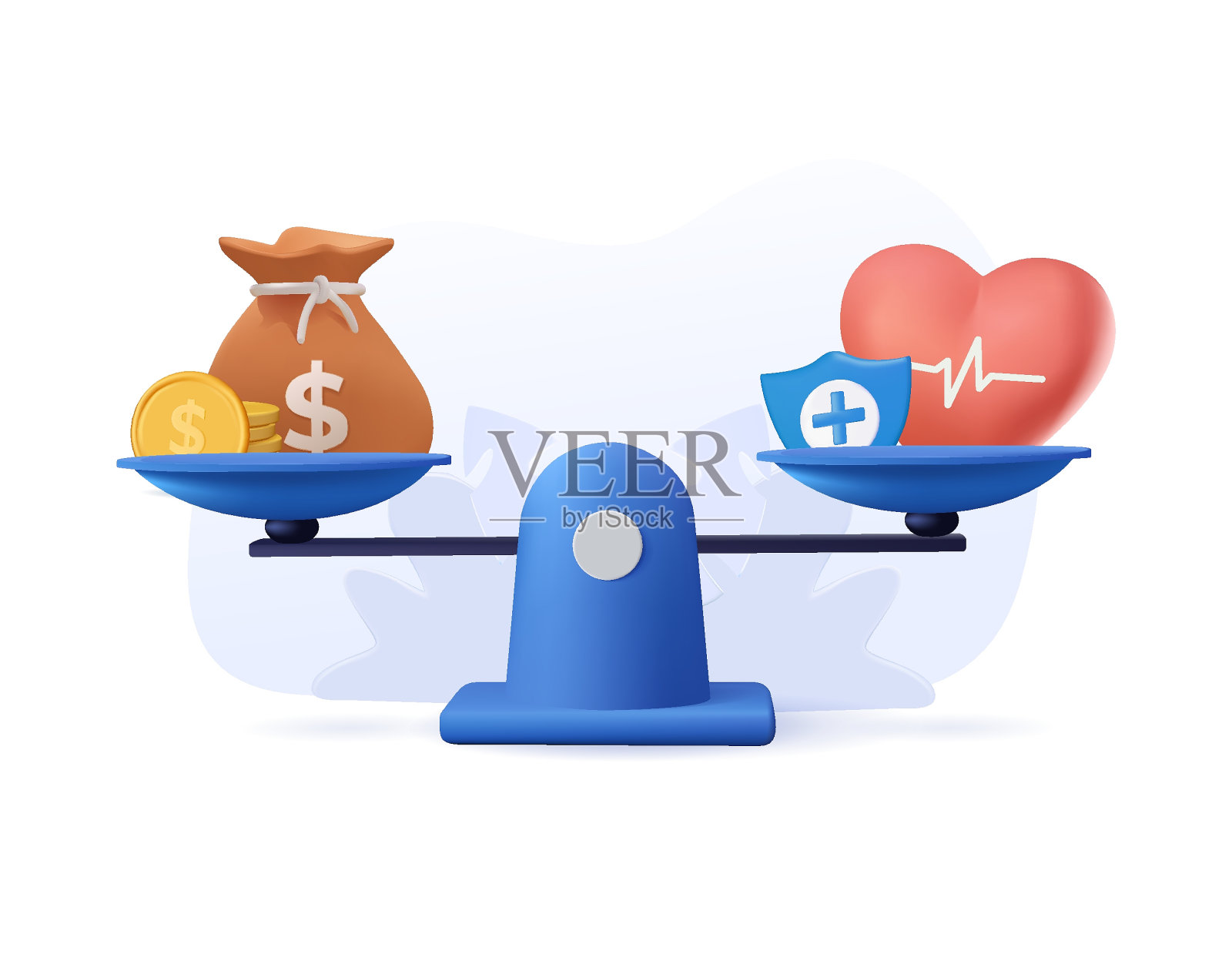 健康和工作的三维尺度。平衡工作、金钱和睡眠。比较工作压力和健康生活。三维图标卡通插画图片素材