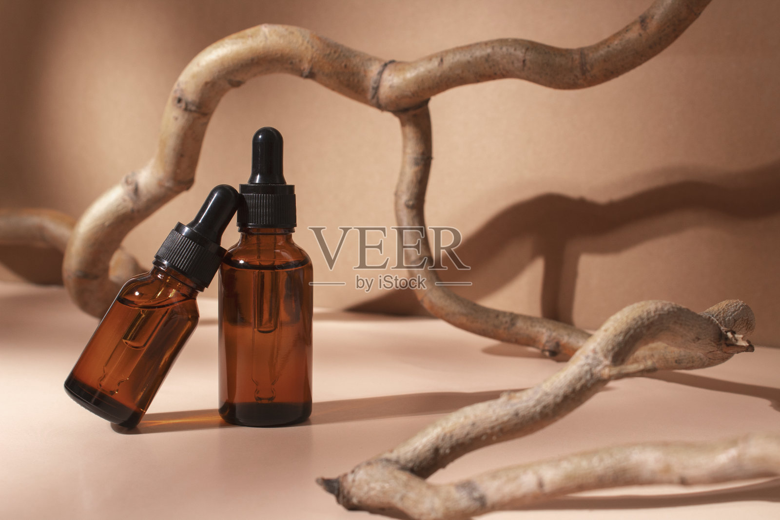 玻璃滴管瓶化妆油，精华或精华站在柔和的背景与树枝。草药顺势疗法产品。天然有机温泉化妆品。照片摄影图片