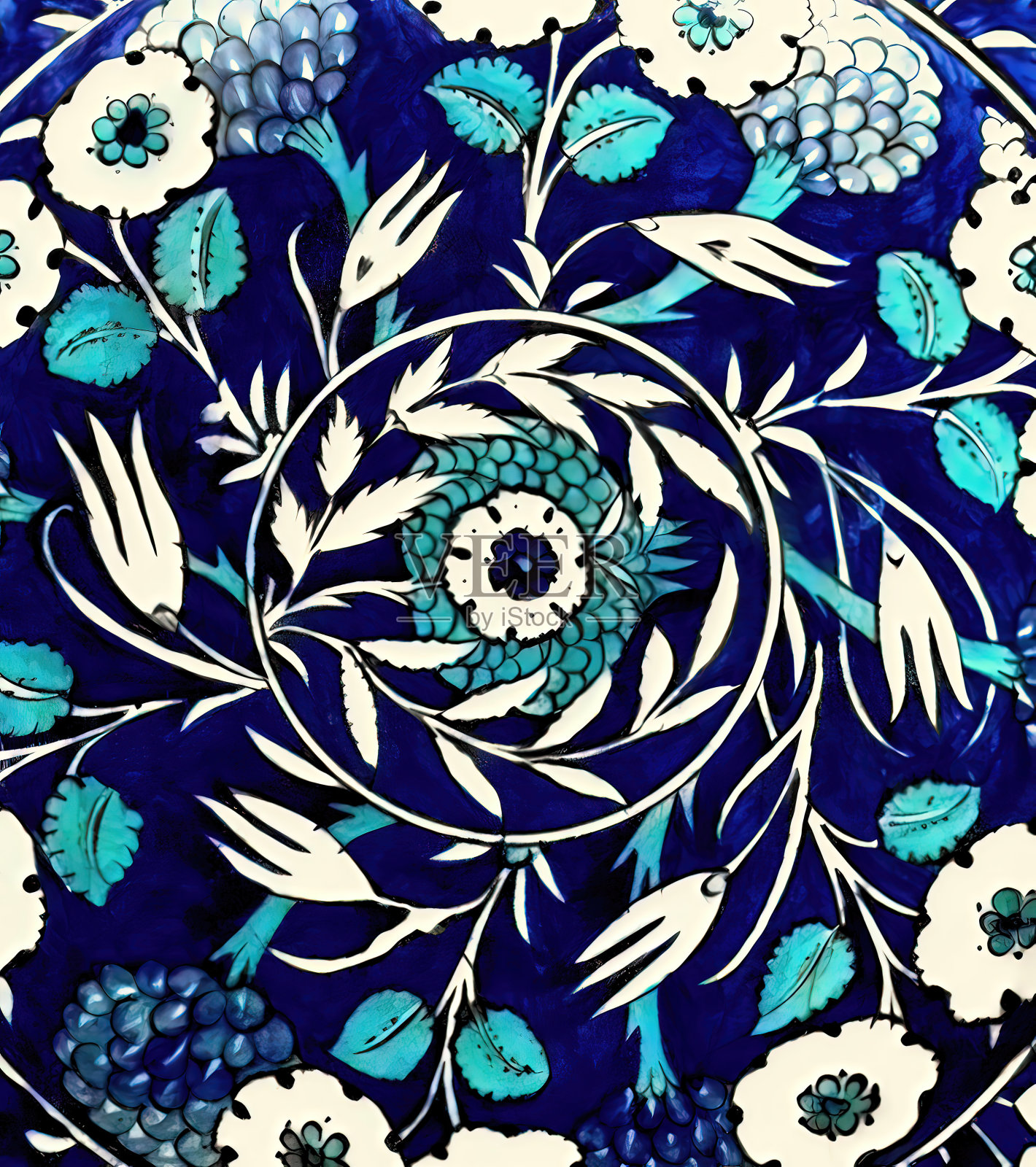 东方蓝色和绿松石瓷设计在近距离的数字插图插画图片素材