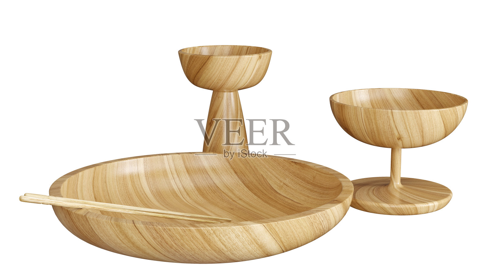 木制盘子或碗与筷子分开。木制装饰眼镜套。厨房装饰和口音。家居装饰配件。三维渲染照片摄影图片