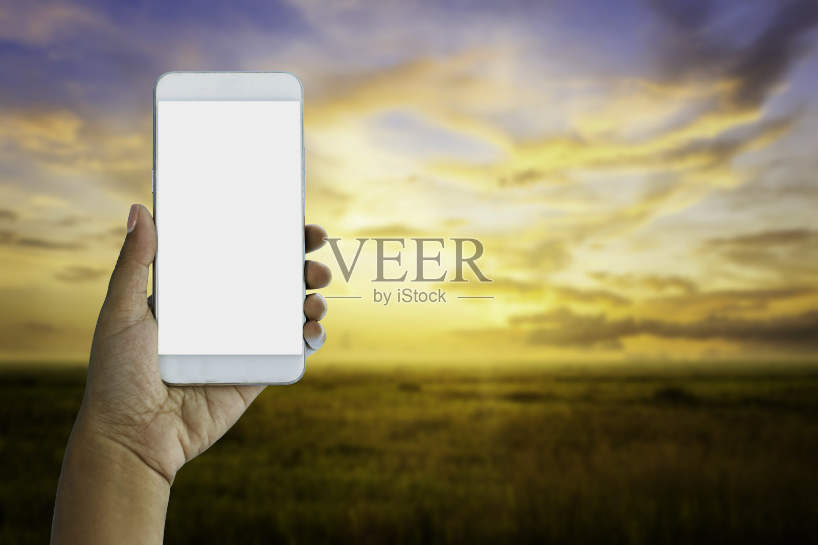 手和智能手机，傍晚空旷的草地和天空照片摄影图片