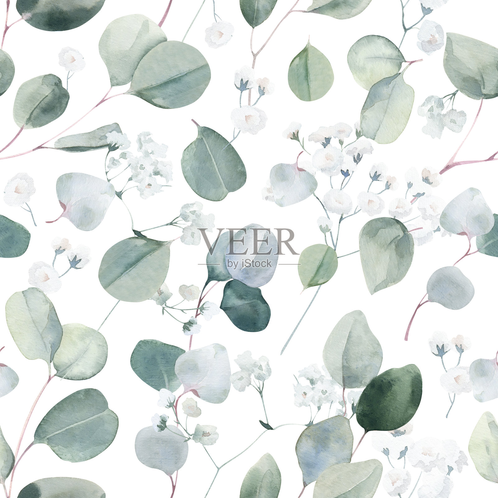 水彩无缝模式背景与莲花和桉树枝在白色背景。电子纸。插画图片素材