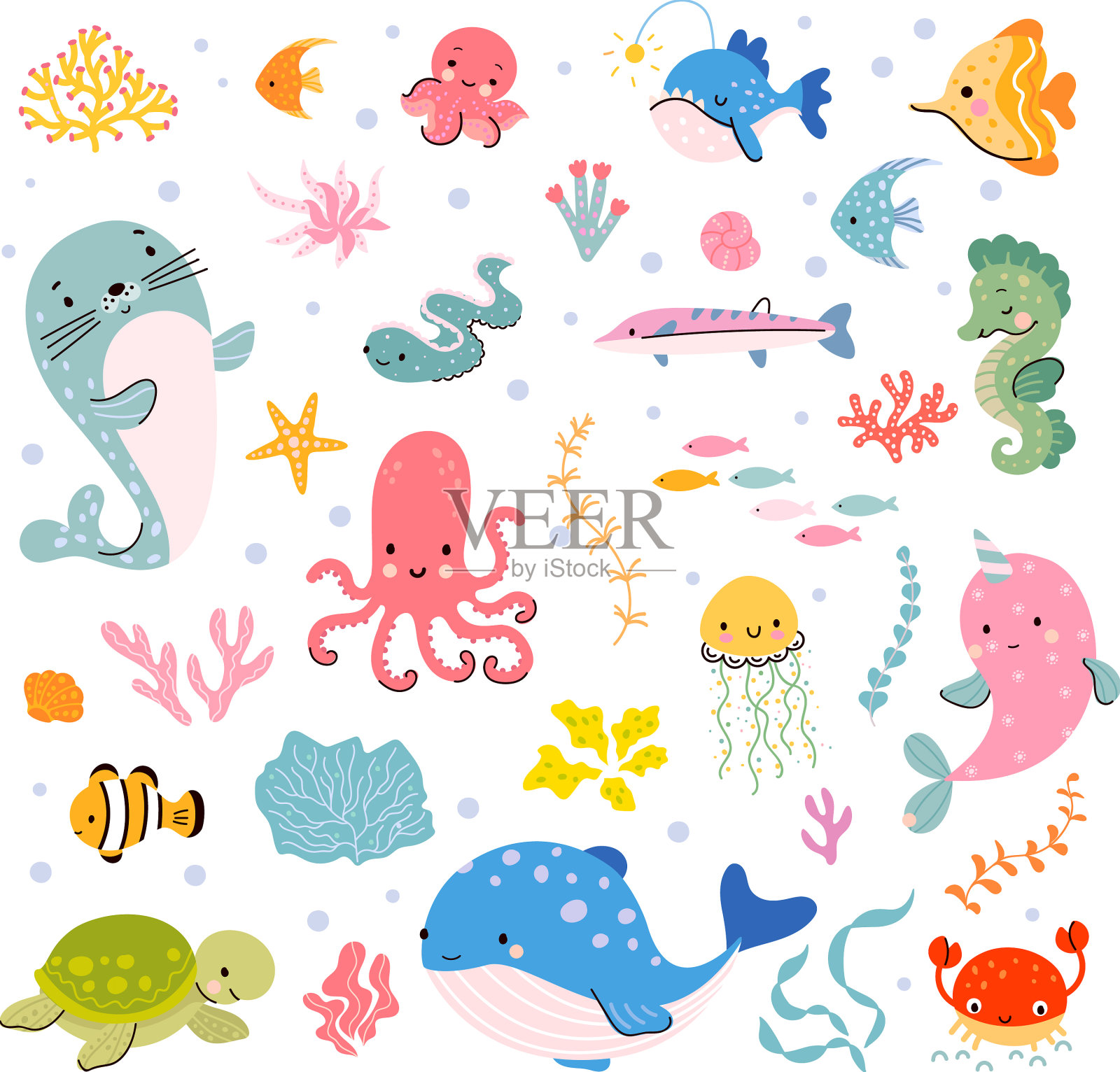 海洋可爱动物水生海洋卡通鱼鲸插画图片素材