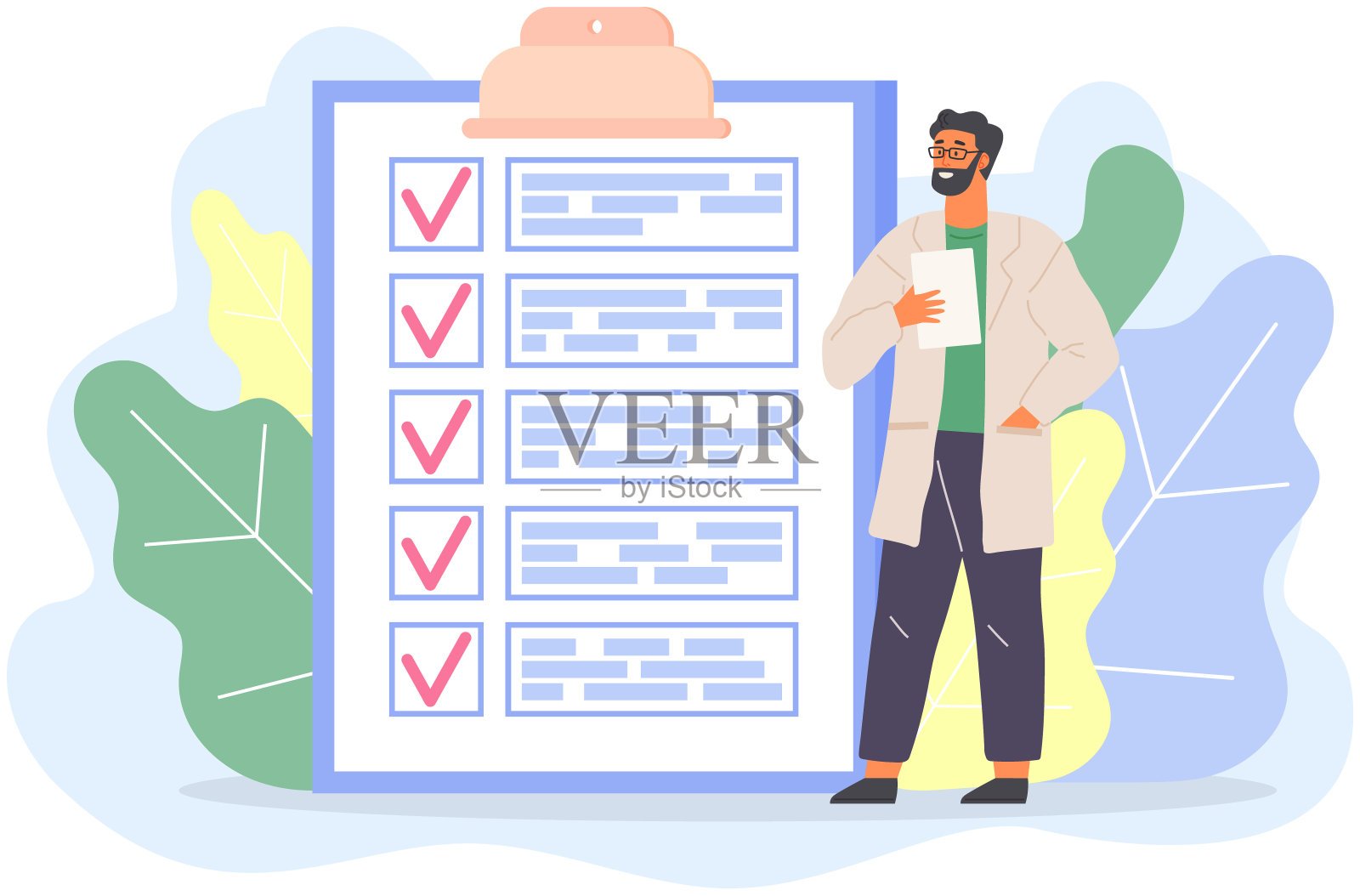 持有文件清单的医务人员或研究人员。科学家站在有数据的剪贴板旁插画图片素材