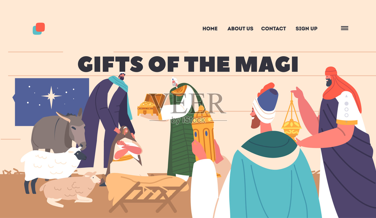 麦琪的礼物圣经场景落地页。三位智者跟随星星在伯利恒纪念耶稣，带来礼物插画图片素材