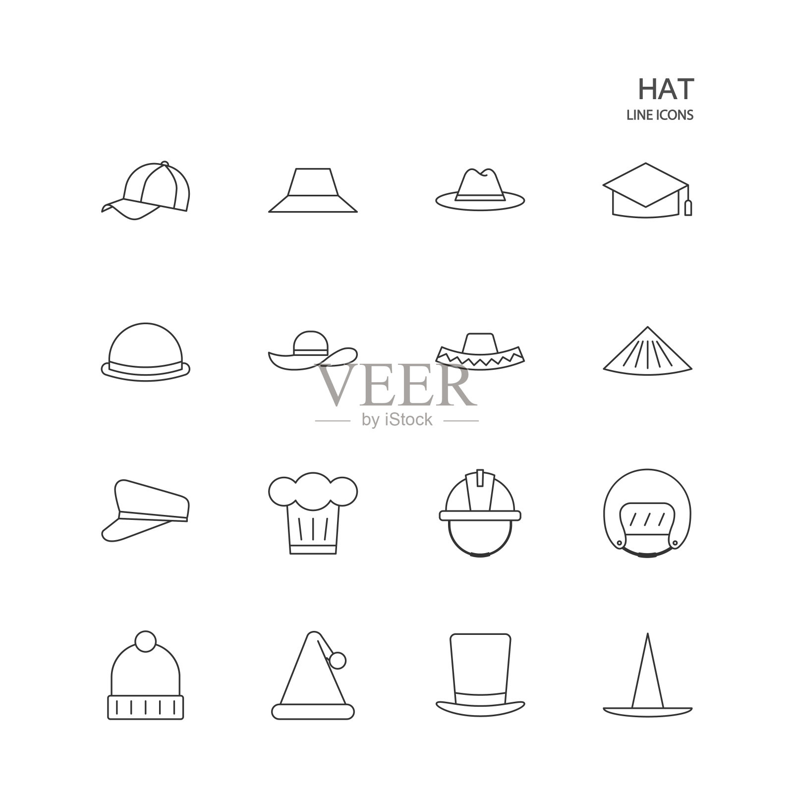 白色背景上的帽子矢量线图标。图标素材