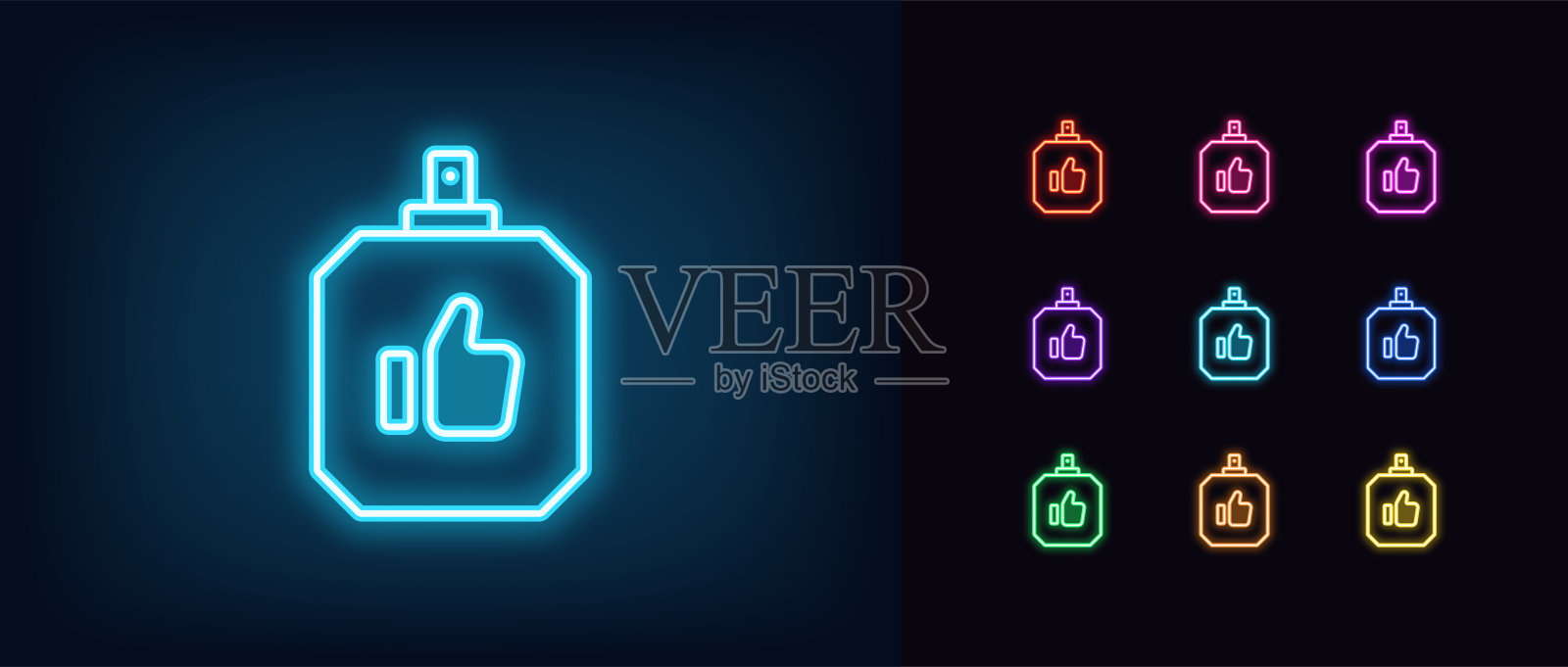 最佳香水霓虹灯轮廓图标集。发光的霓虹灯香水瓶框架，带有喜欢标志，顶级香水品质。最受欢迎的香水，香水，最佳香水，优质香水图标素材