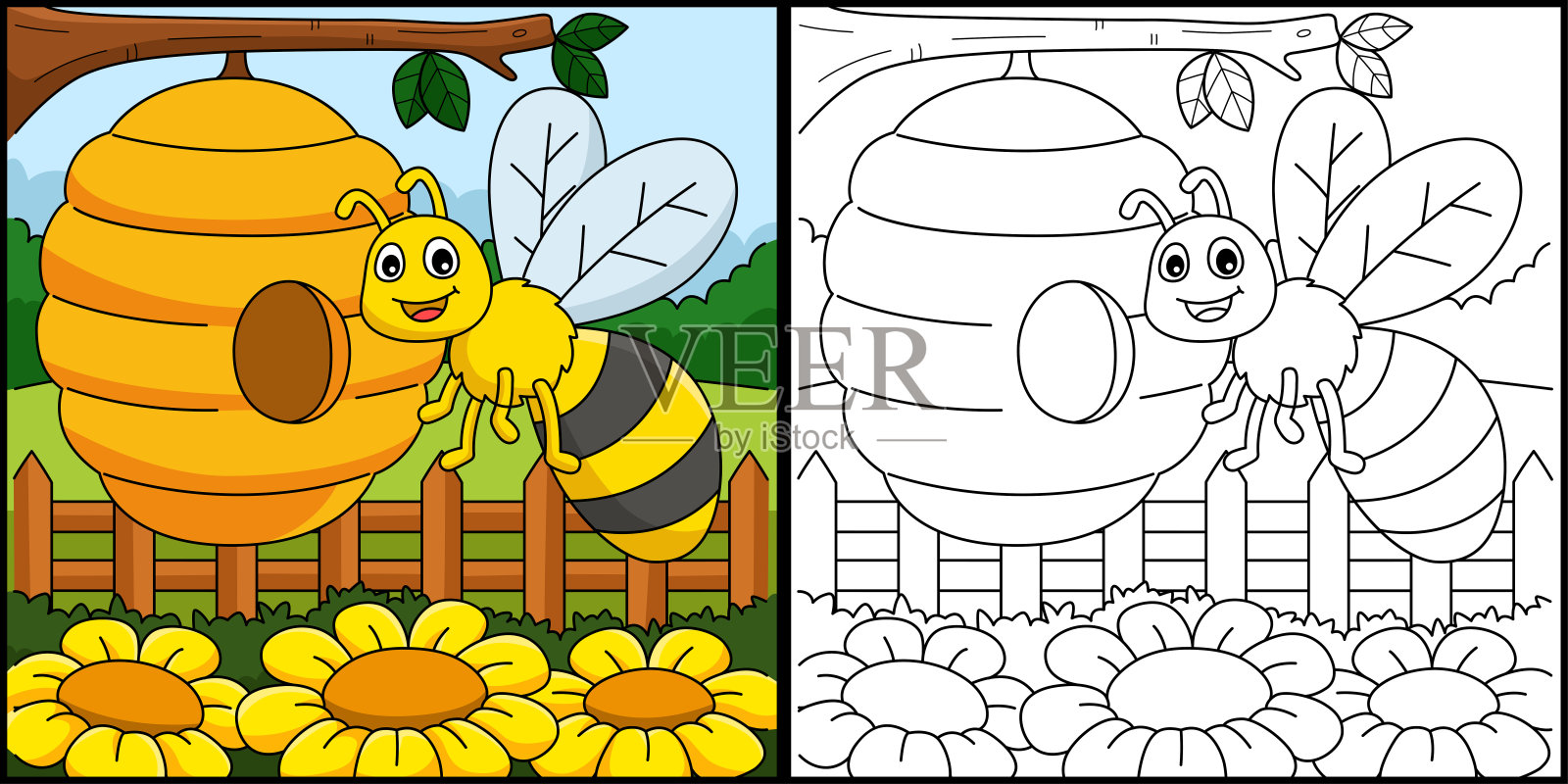春季蜜蜂与蜂箱着色插图插画图片素材