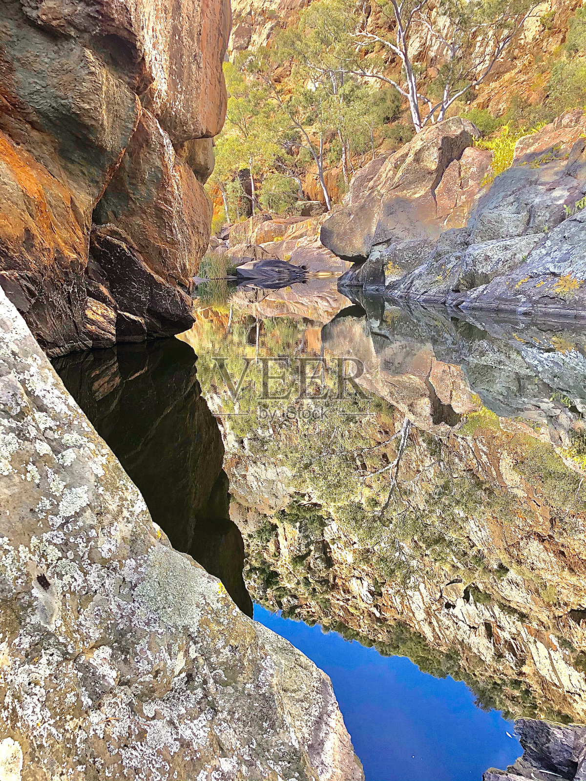 风景秀丽的河景，反映岩石悬崖和树木照片摄影图片