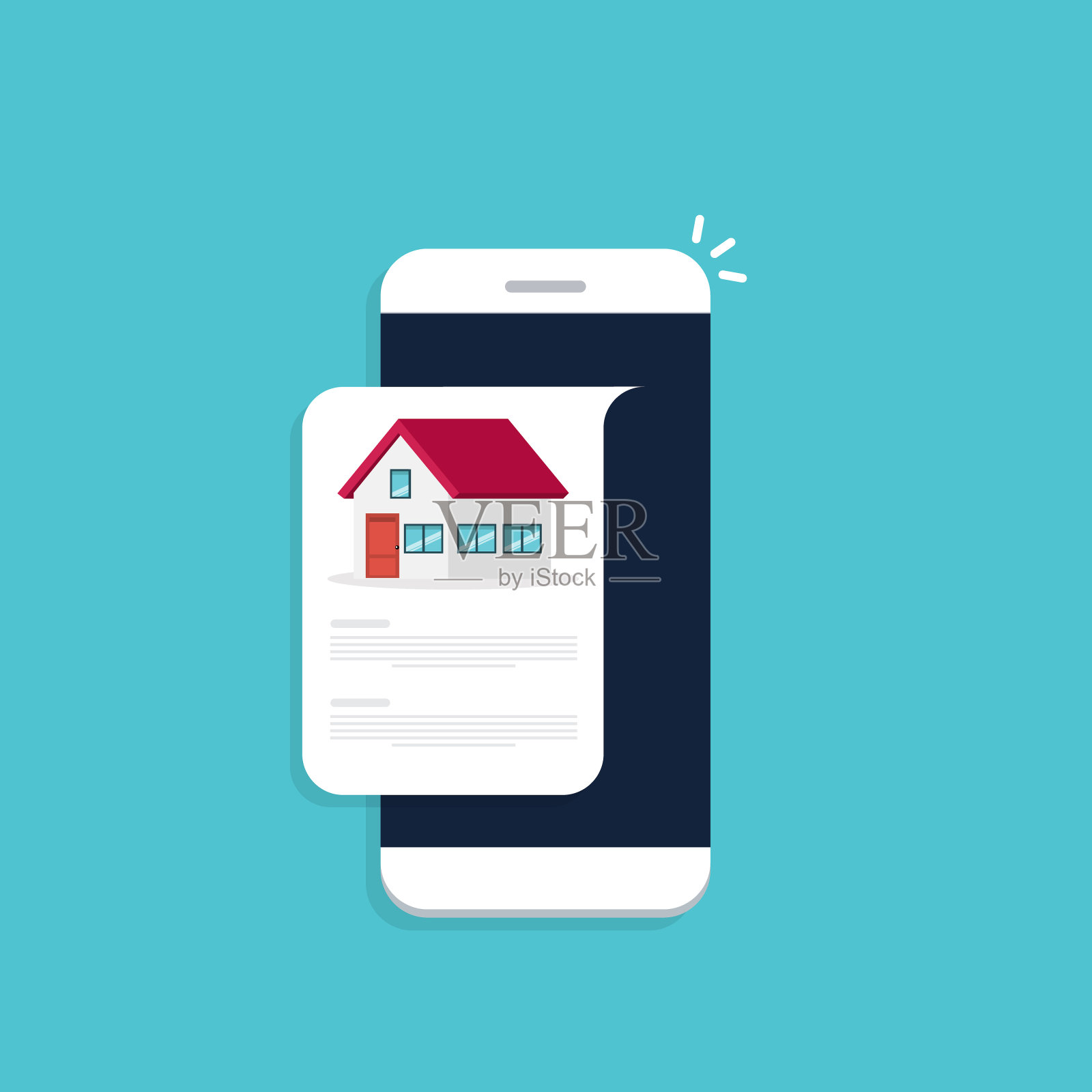 家庭房屋信息通知在手机上。智能手机设备上的数字应用程序，出租或出售应用程序或智能房屋通知。插画图片素材