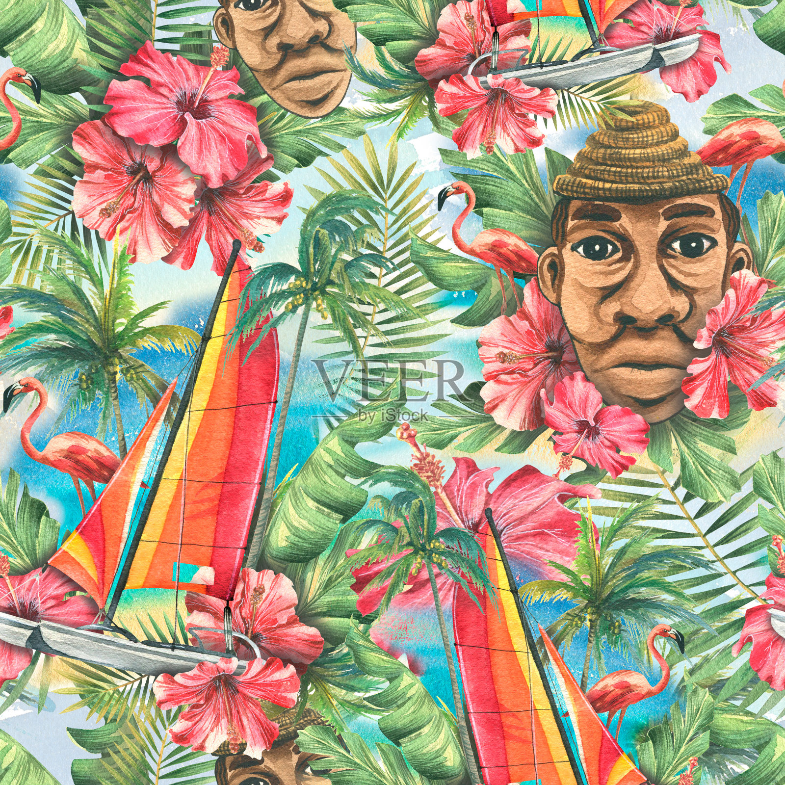 一个热带无缝图案，有帆船、花朵、棕榈叶、粉红色火烈鸟和一个拉丁男人。水彩插图，明亮，多汁，夏天，海滩从古巴收集。织物、纺织品插画图片素材