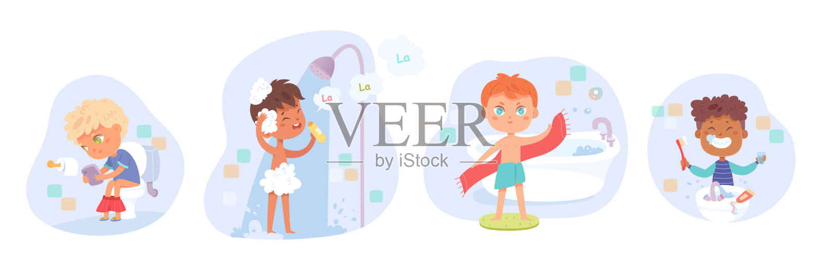 男孩日常卫生集矢量插图。卡通可爱的小朋友刷牙，在浴室用水清洁面部和身体，坐在抽水马桶上，有良好的健康习惯和纪律插画图片素材