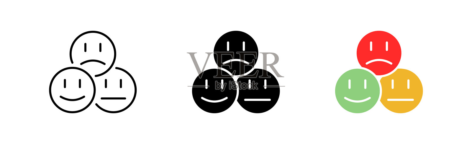 反应图标设置。表情符号，语音泡泡，情绪，交流，悲伤，不满，聊天，短信，信使，人。通信的概念。不同风格的矢量线图标插画图片素材