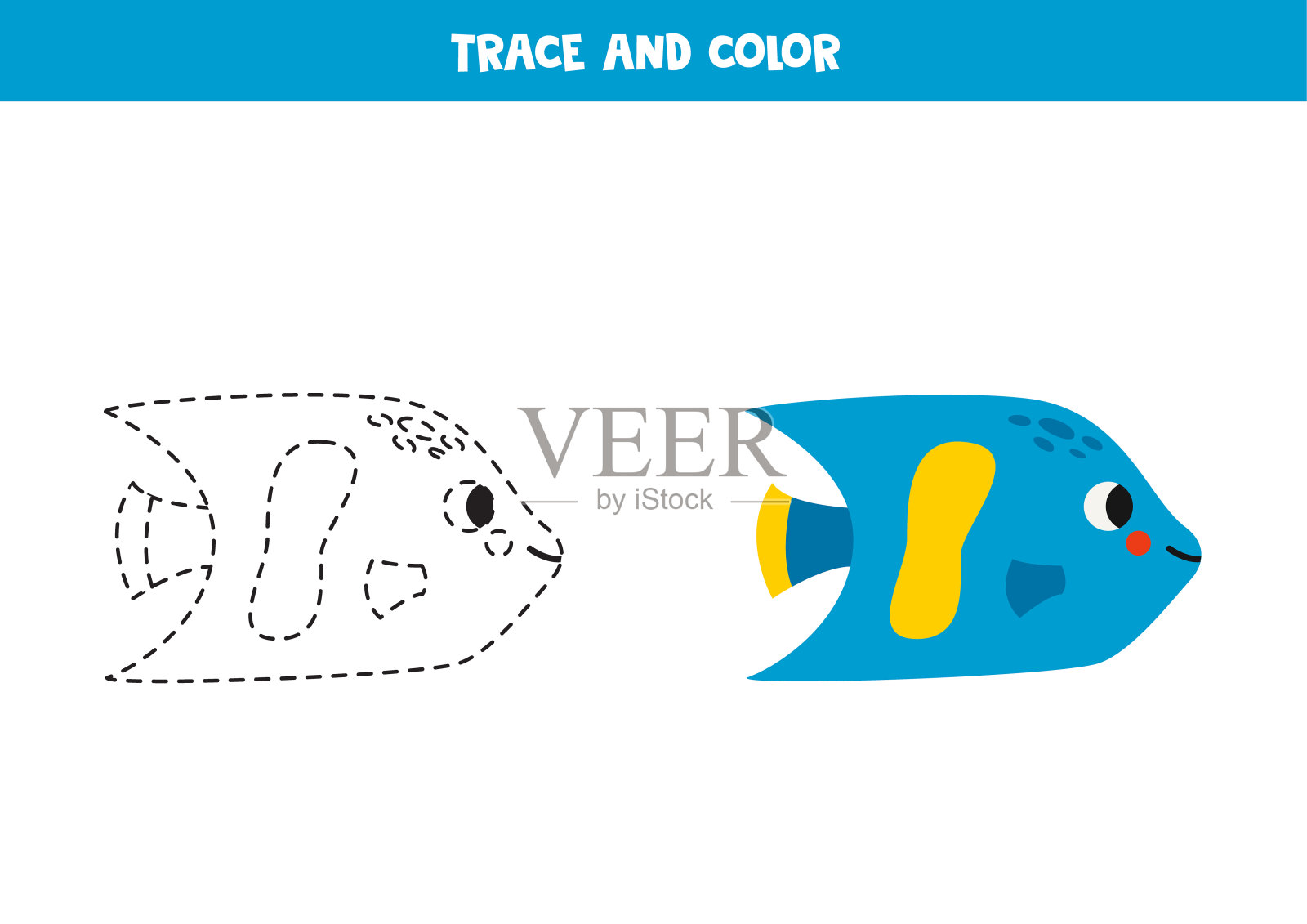 痕迹和颜色卡通蓝色天使鱼。儿童工作表。插画图片素材