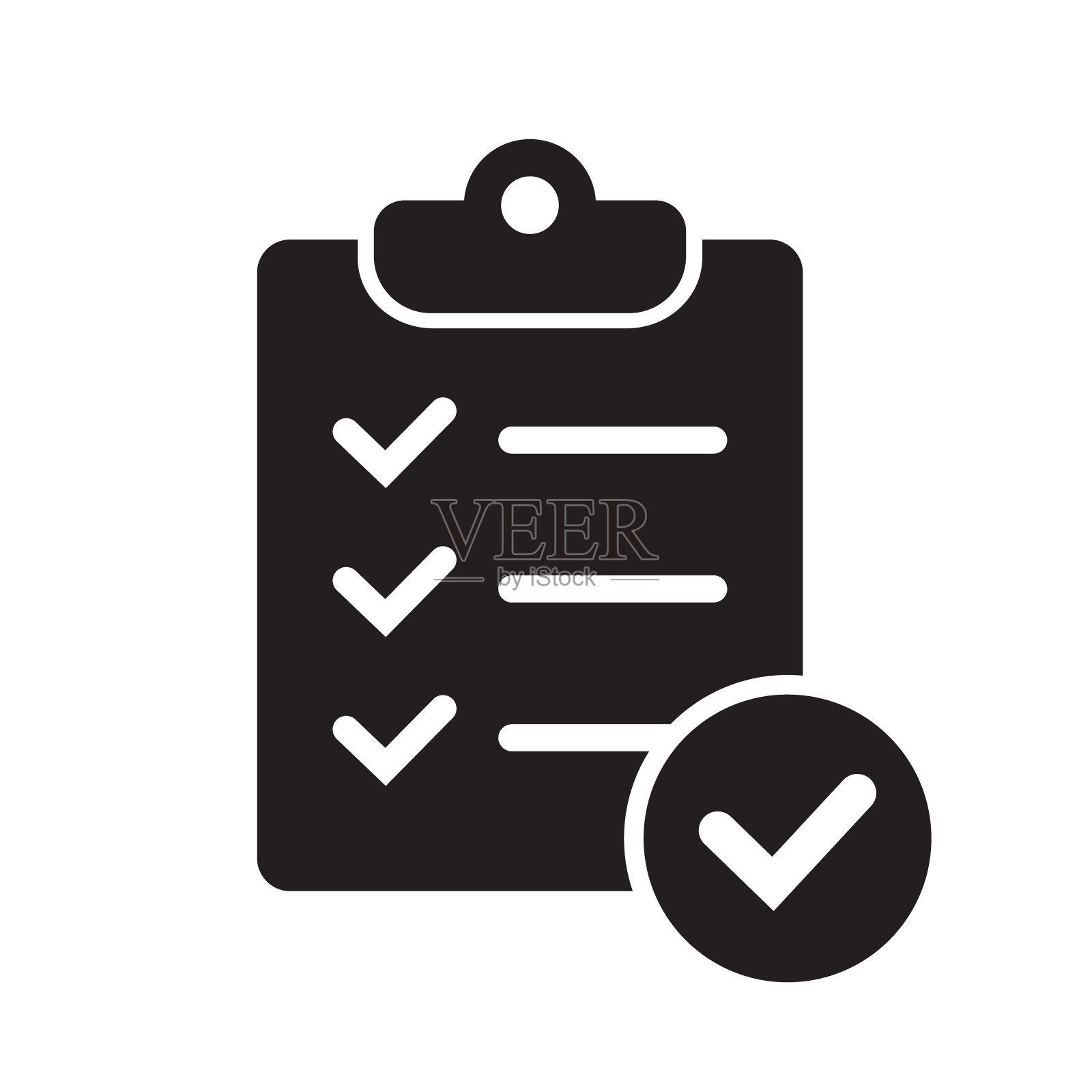 剪贴板与标记图标在平面风格隔离的背景。检查表标志符号的网站和应用程序设计。插画图片素材