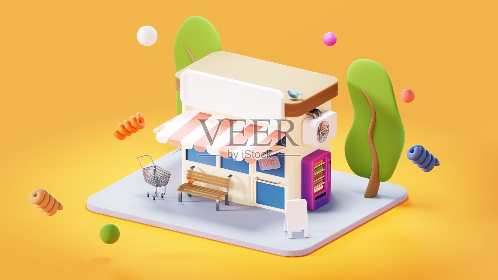 商店建筑在孤立的橙色背景与自动售货机，购物车，招牌，树木，长凳和空调3d渲染照片摄影图片