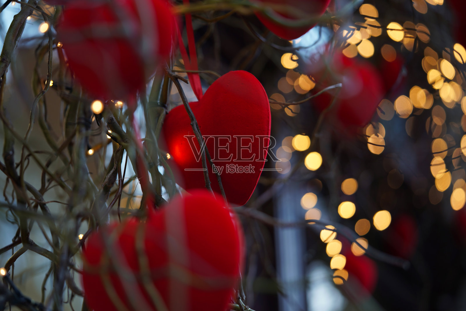 红丝绒心形的特写在柳枝上的灯笼花环，情人节的节日装饰。城市里装饰精美的商店橱窗。城市风光，心在雪中照片摄影图片