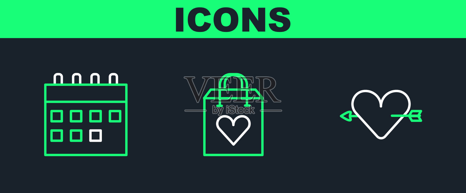 用心形和箭头设置行恋情和日历图标素材