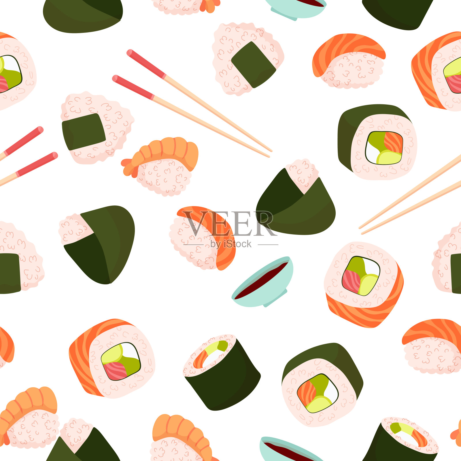 无缝模式设置寿司。不同种类的寿司和面包卷。传统的日本卷，配tobiko鱼子酱，原汁原味的费城奶酪和酱油，三文鱼和大虾。矢量图插画图片素材