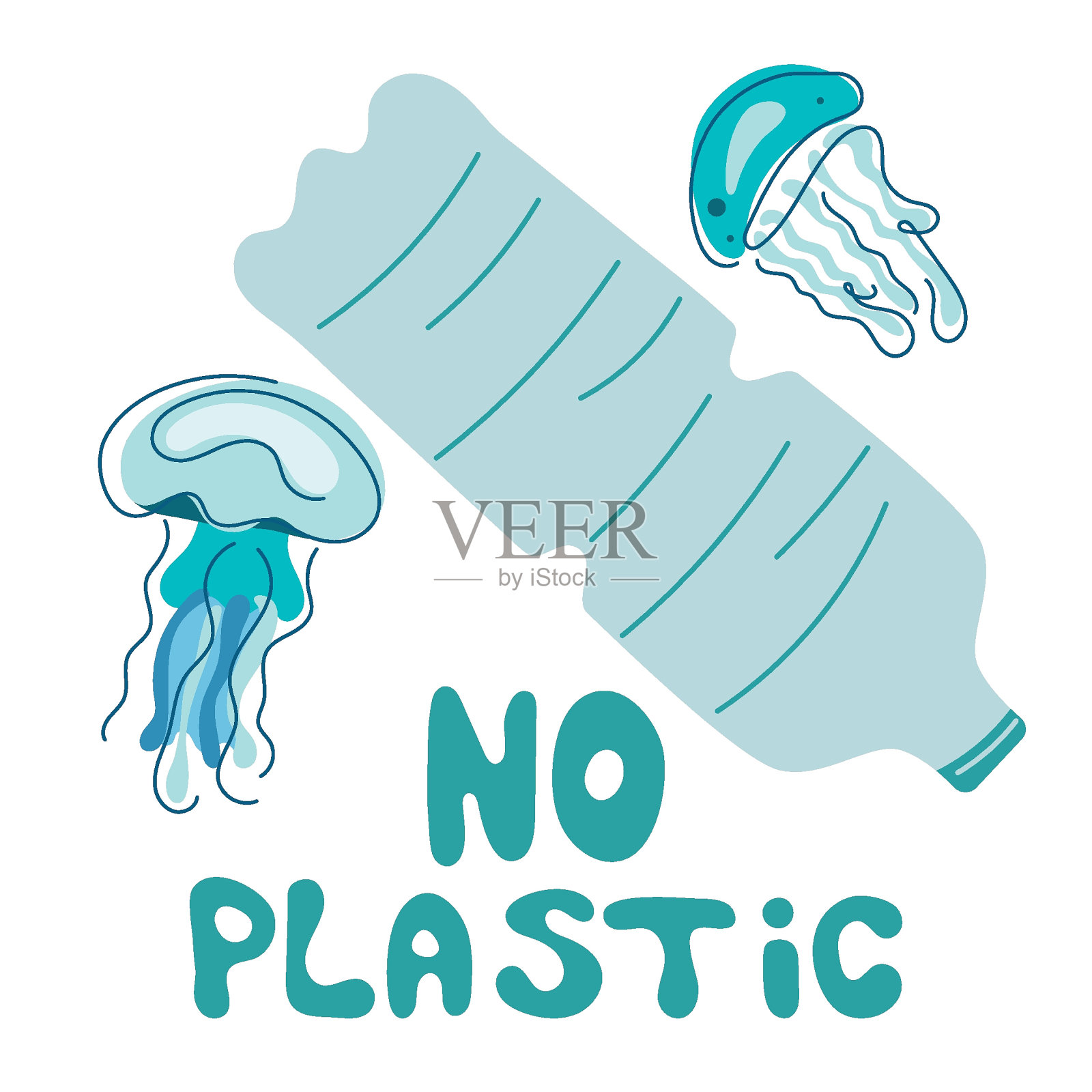 Dirty ocean environment, animals jellyfish swim with trash, plastic bottle. Vector illustration with lettering NO PLASÐ¢IC. Climate change, SAVE EARTH NOW. People pollutes the planet.插画图片素材