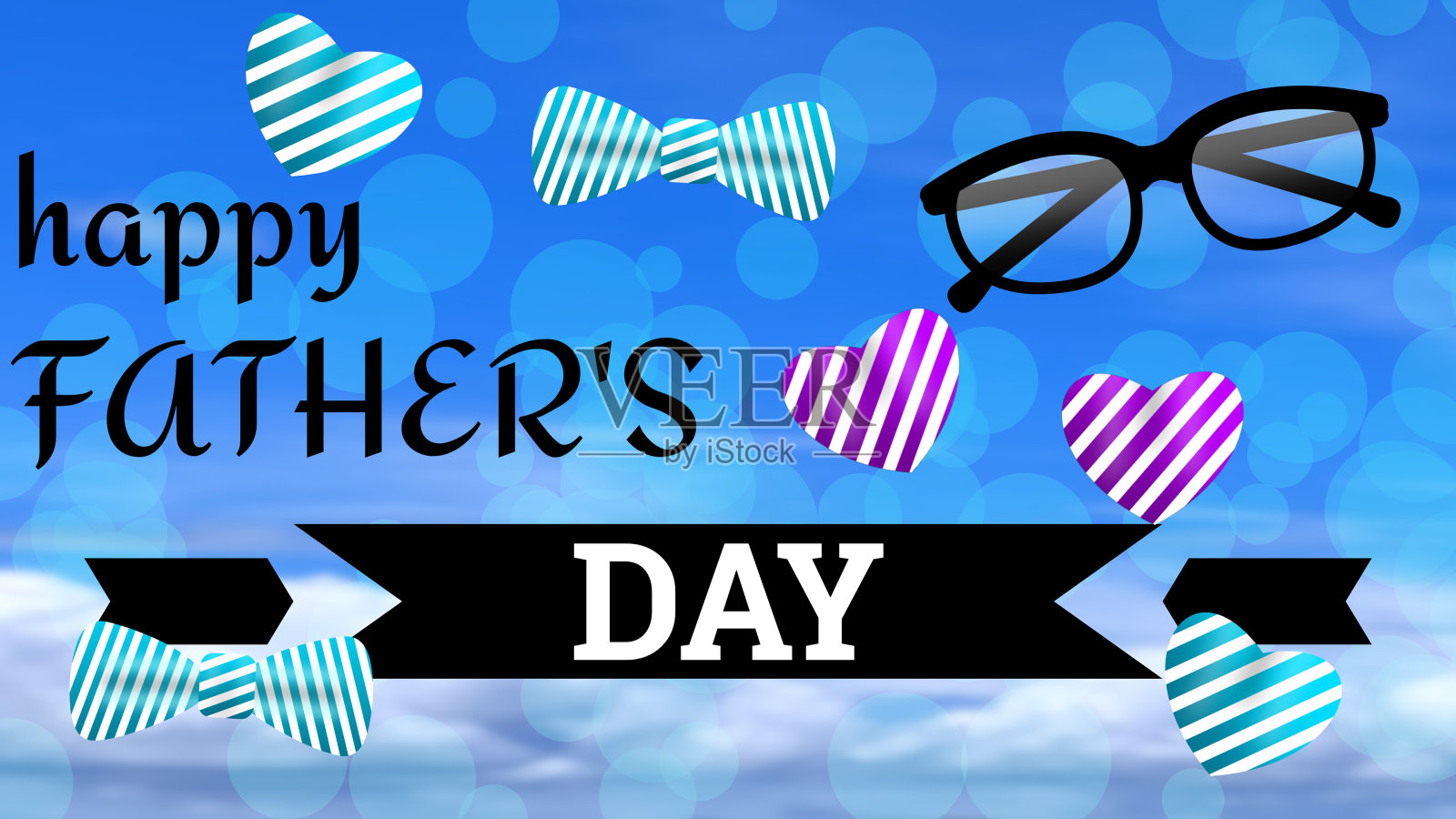 父亲节的问候在模糊的天空背景与护目镜，高科技，领结插画图片素材