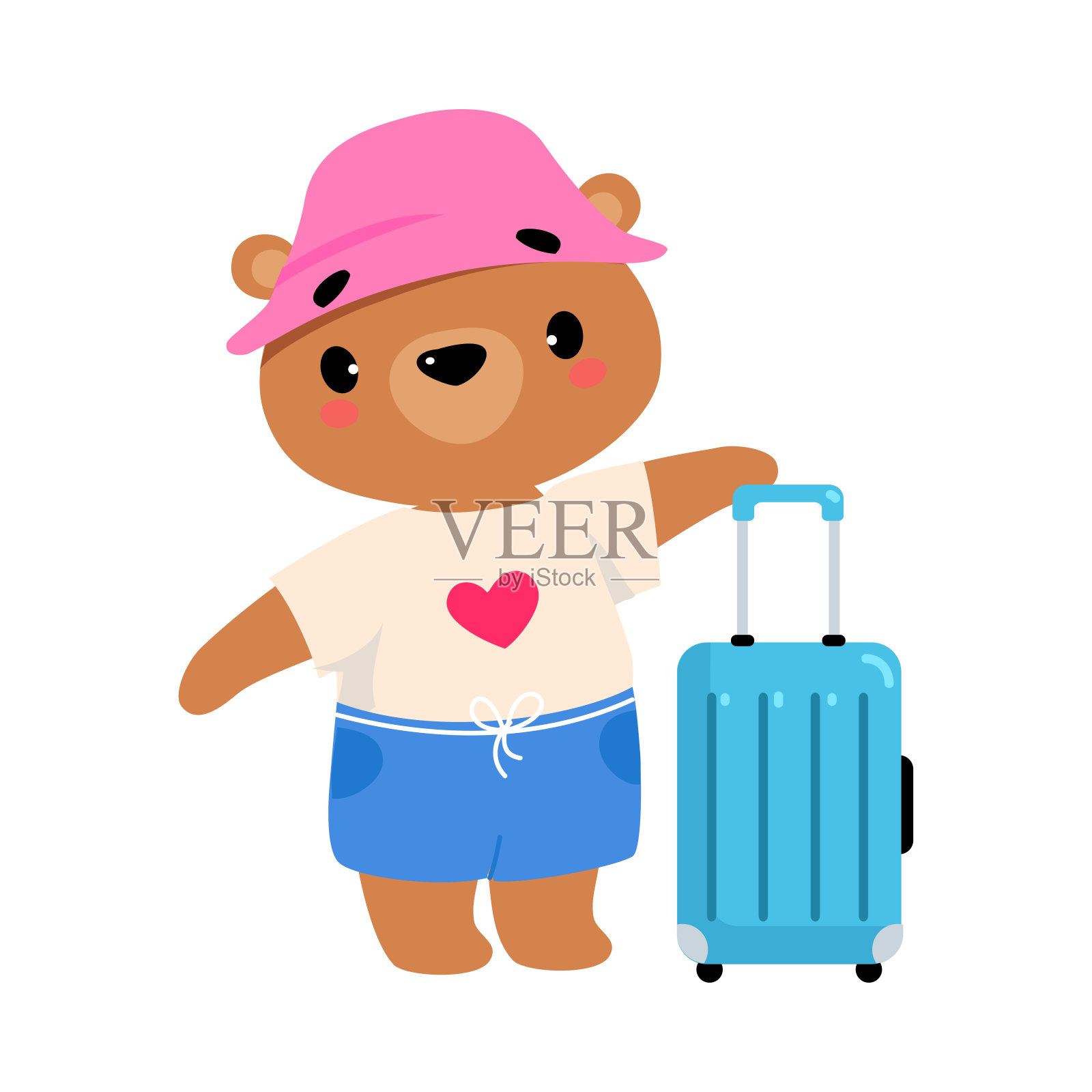 可爱的熊旅行者在帽子与旅行箱有旅行的假期矢量插图插画图片素材