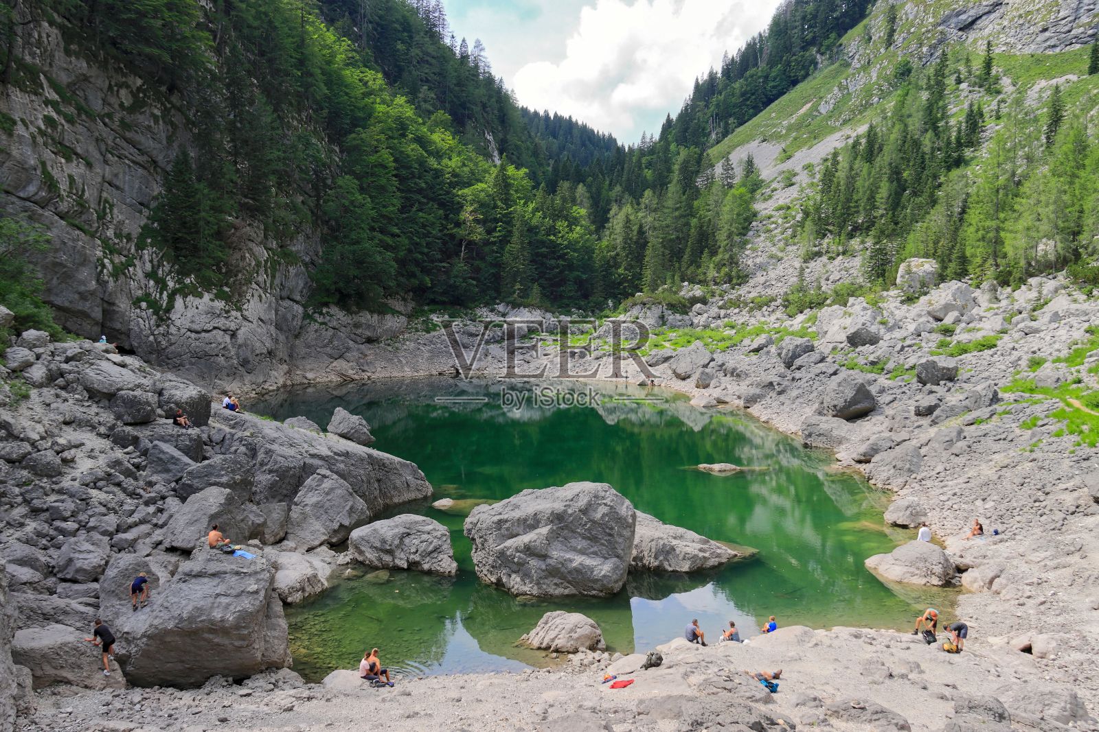 斯洛文尼亚特里格拉夫国家公园的一个被绿色植物包围的小湖照片摄影图片