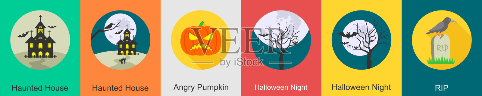 一套6万圣节的图标，如鬼屋，鬼屋，愤怒的南瓜插画图片素材